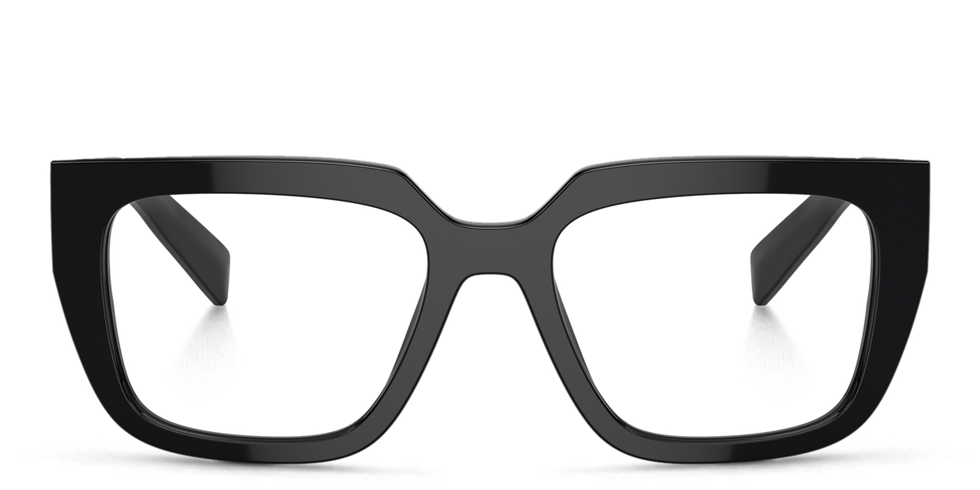 Shop PRADA Logo Irregular Eyeglasses in Black online.
