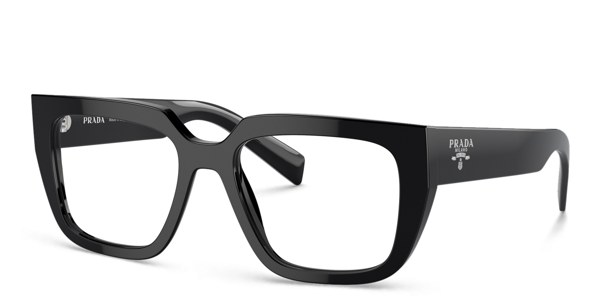Shop PRADA Logo Irregular Eyeglasses in Black online.