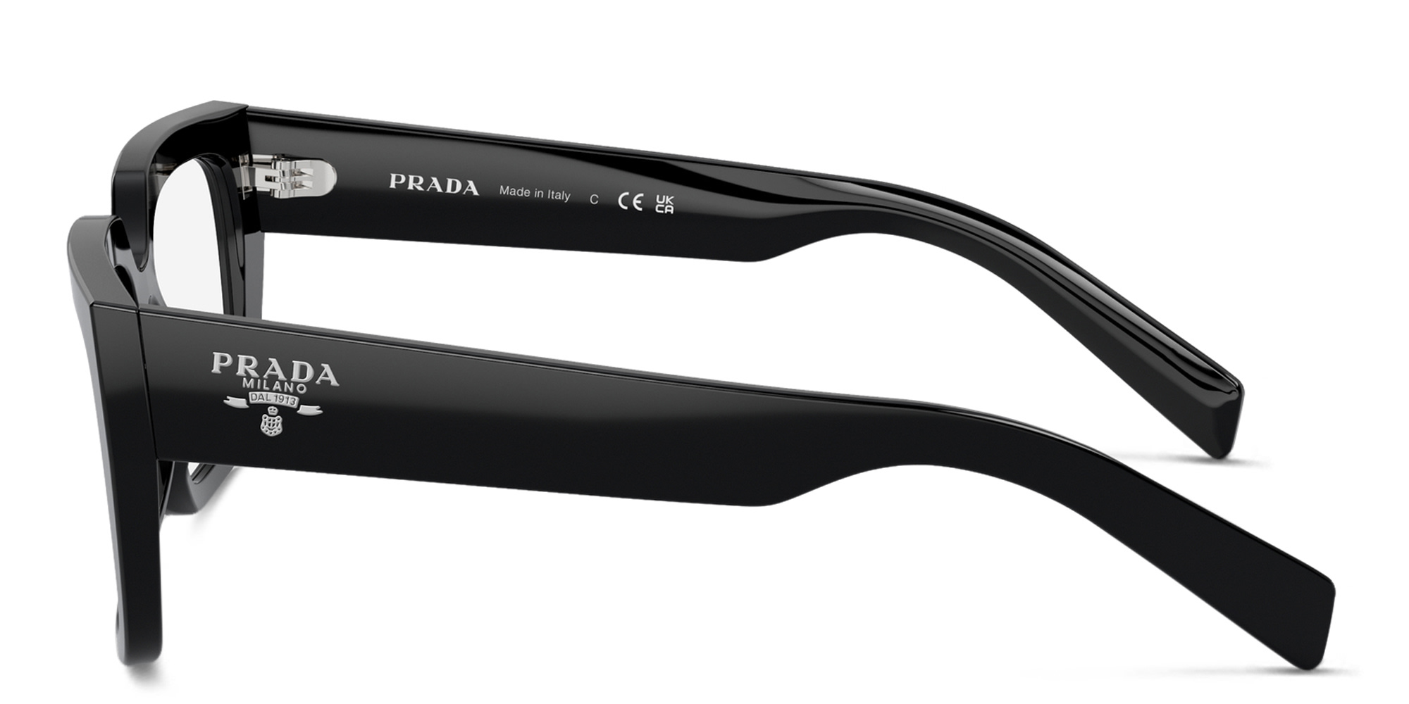 Shop PRADA Logo Irregular Eyeglasses in Black online.