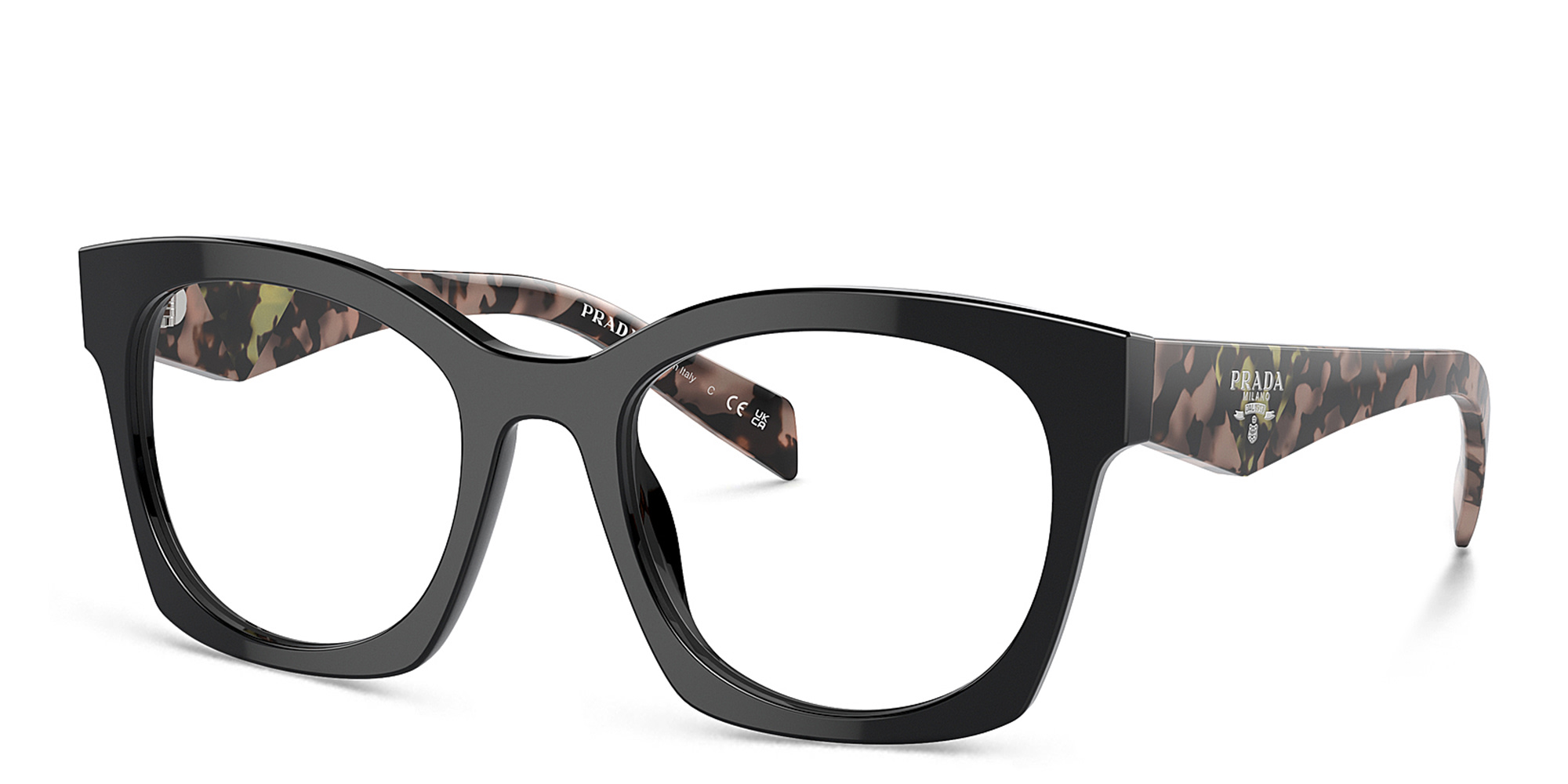 Shop PRADA Irregular Eyeglasses in Black online.