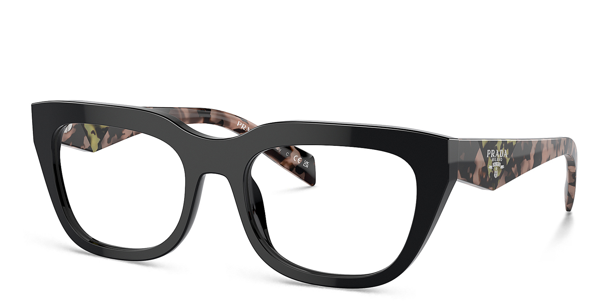 Shop PRADA Irregular Eyeglasses in Black online.