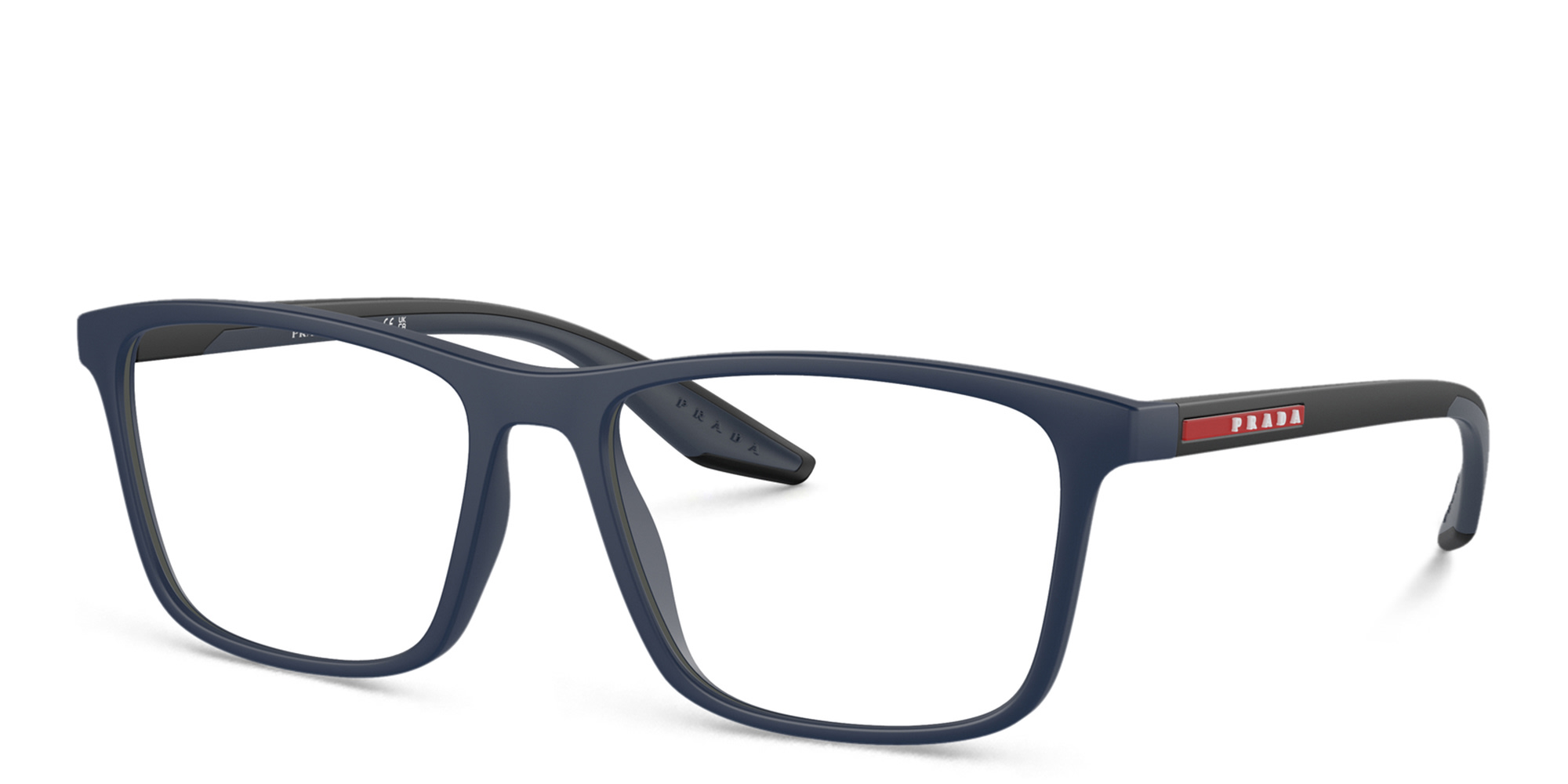 Shop Prada Linea Rossa Wide Pillow Eyeglasses in Blue Rubber online.
