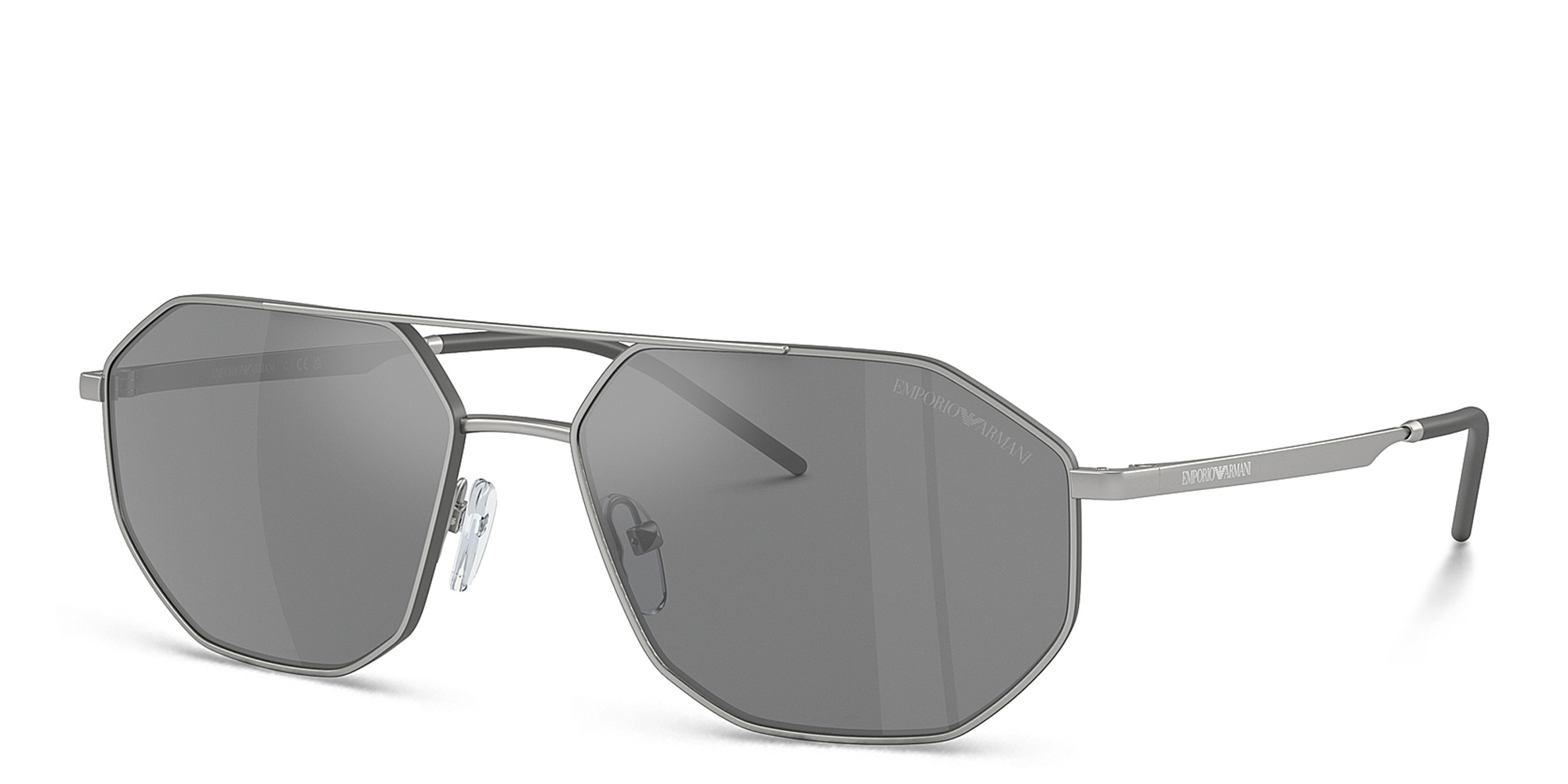 Shop Emporio Armani Irregular Sunglasses in Matte Silver online.