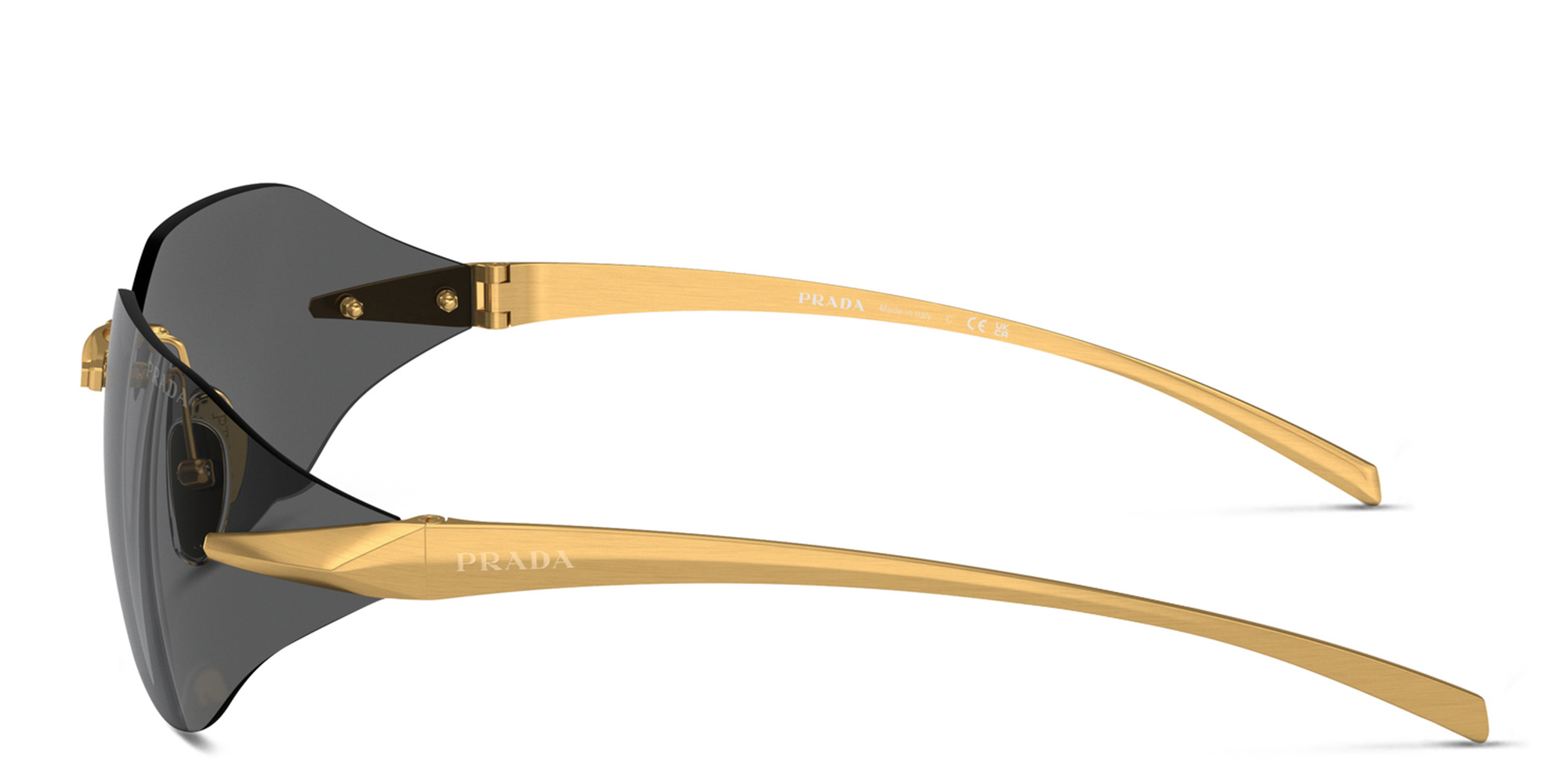 Shop PRADA Rimless Wide Irregular Sunglasses in Satin Yellow Gold online.
