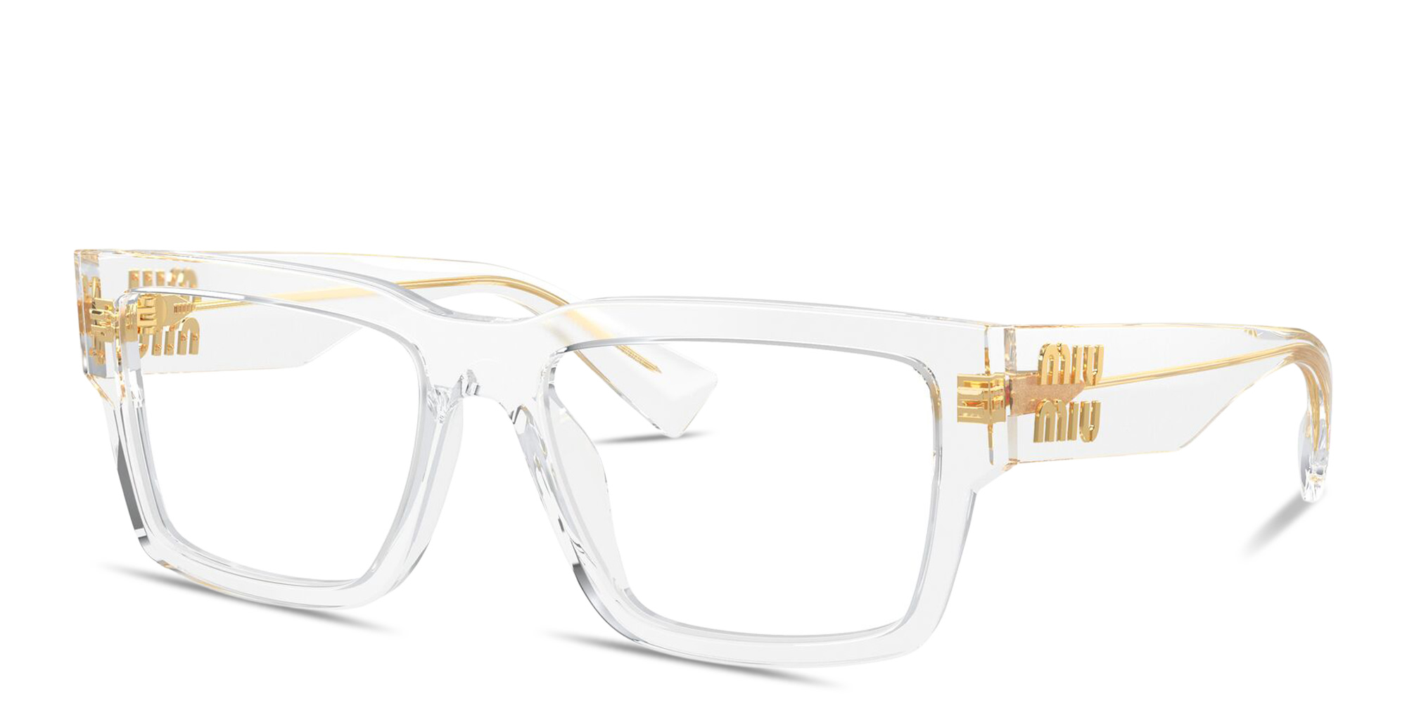 Shop MIU MIU Vertical Logo Rectangle Eyeglasses in Crystal Clear online.