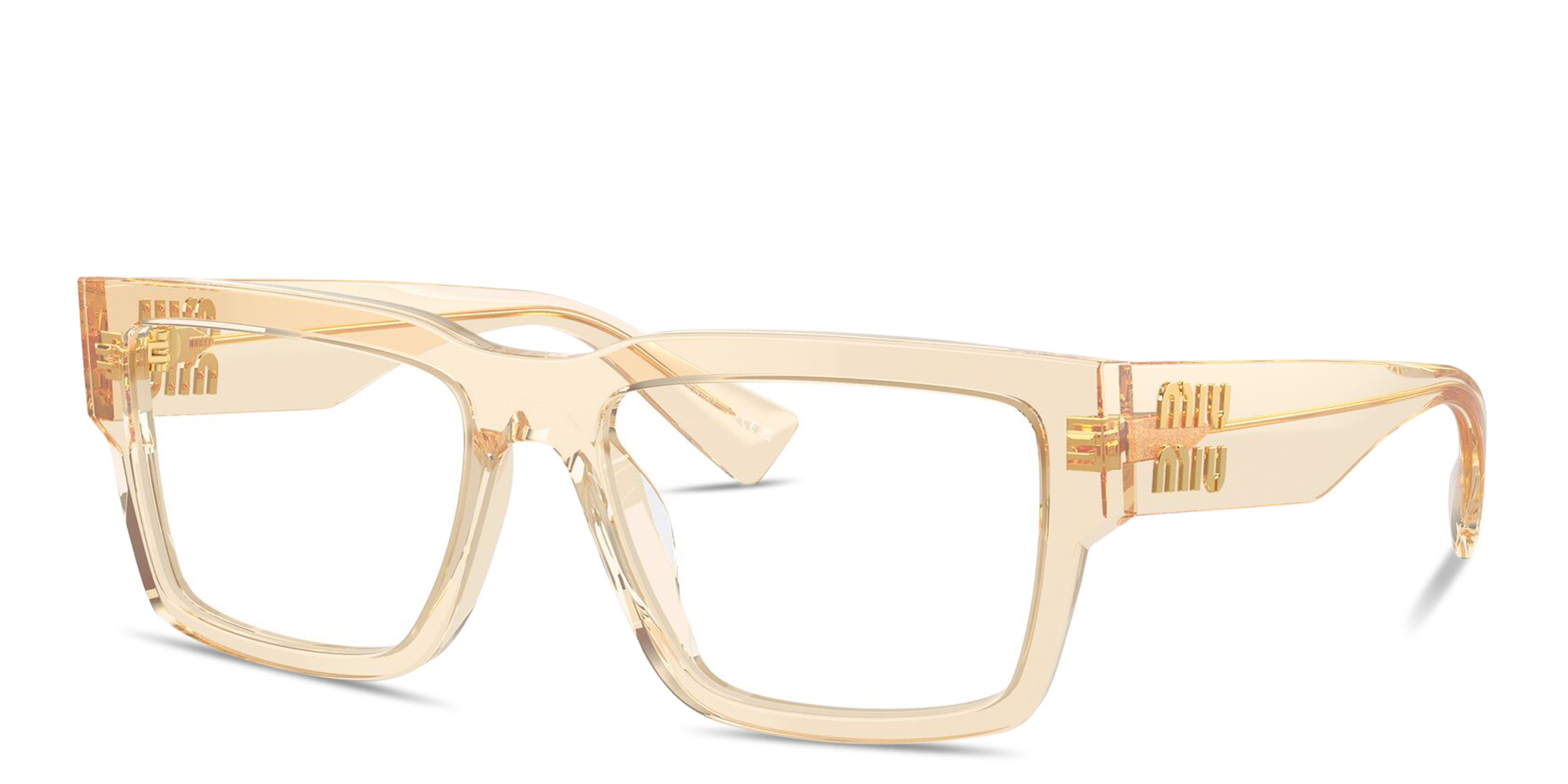 Shop MIU MIU Vertical Logo Rectangle Eyeglasses in Transparent Sand online.