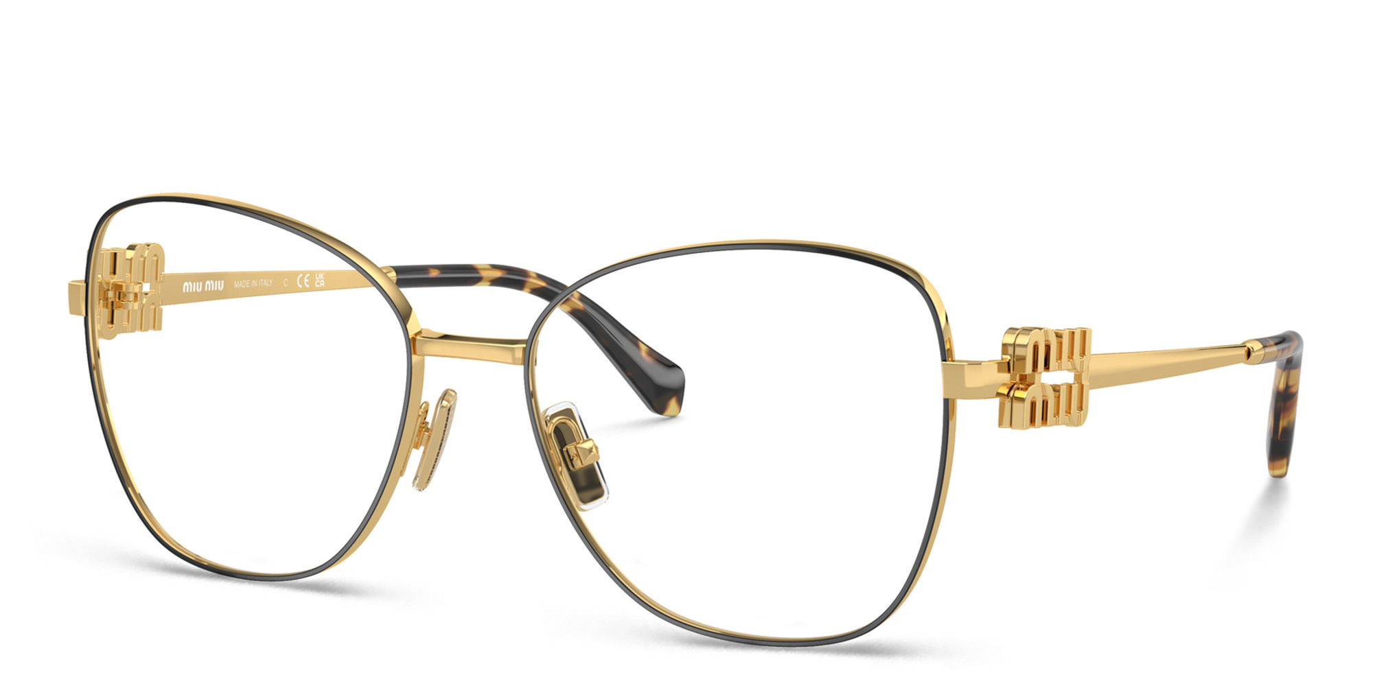Shop MIU MIU Vertical Logo Wide Cat-Eye Eyeglasses in Gold Black online.
