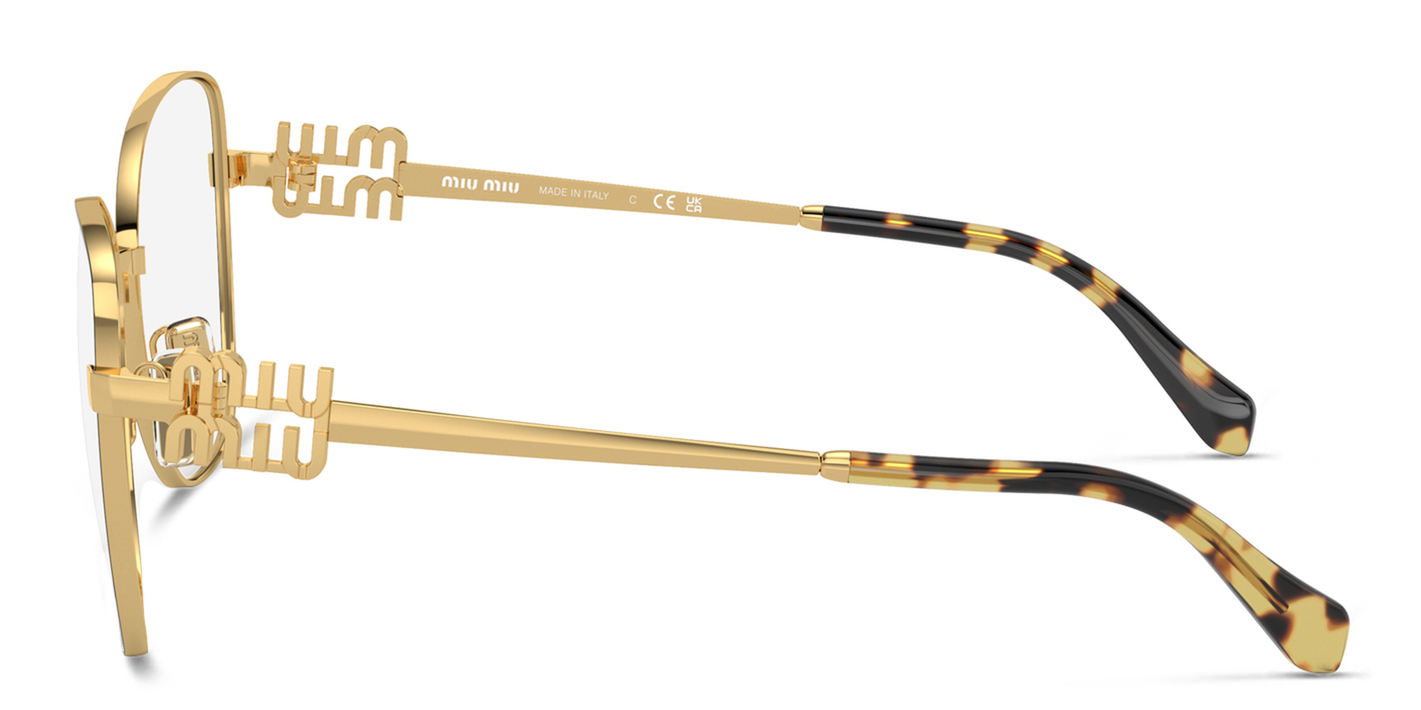 Shop MIU MIU Vertical Logo Wide Cat-Eye Eyeglasses in Gold Black online.