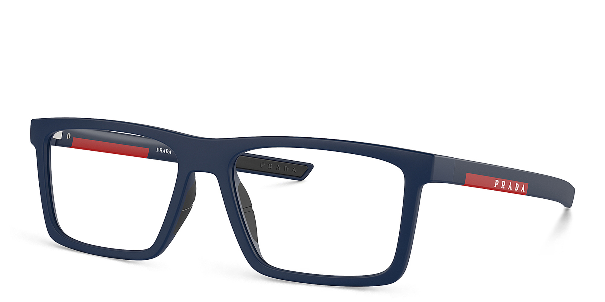 Shop Prada Linea Rossa Wide Rectangle Eyeglasses in Matte Blue online.