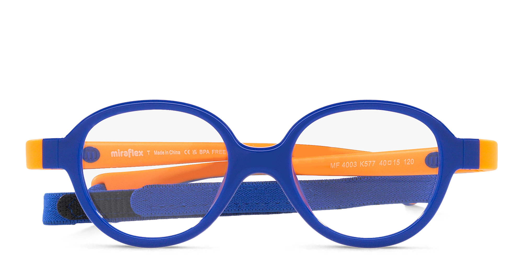 Mira Flex Logo Kids Round Eyeglasses in Blue & Orange – Product Photo 1