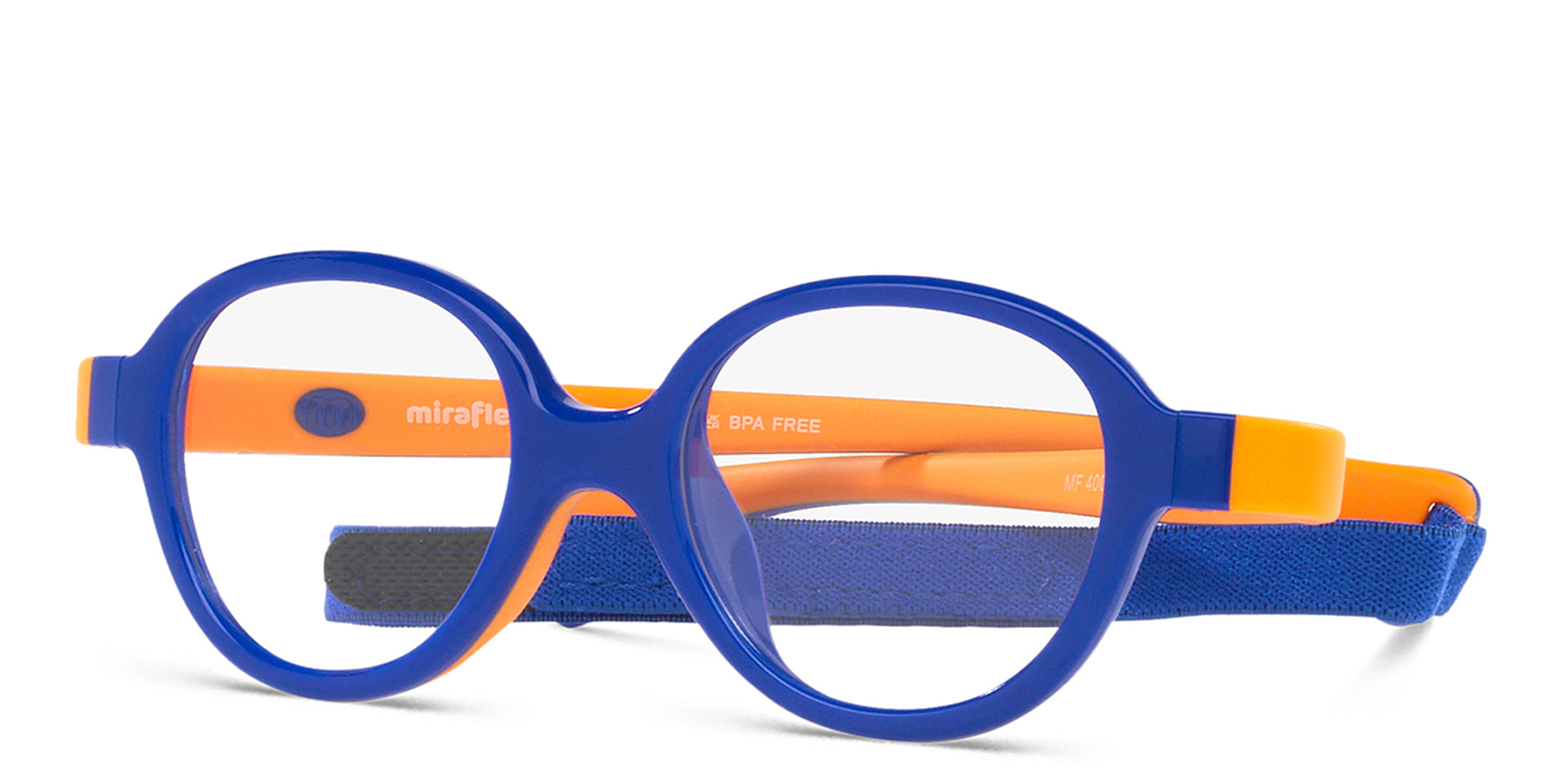 Mira Flex Logo Kids Round Eyeglasses in Blue & Orange – Product Photo 2