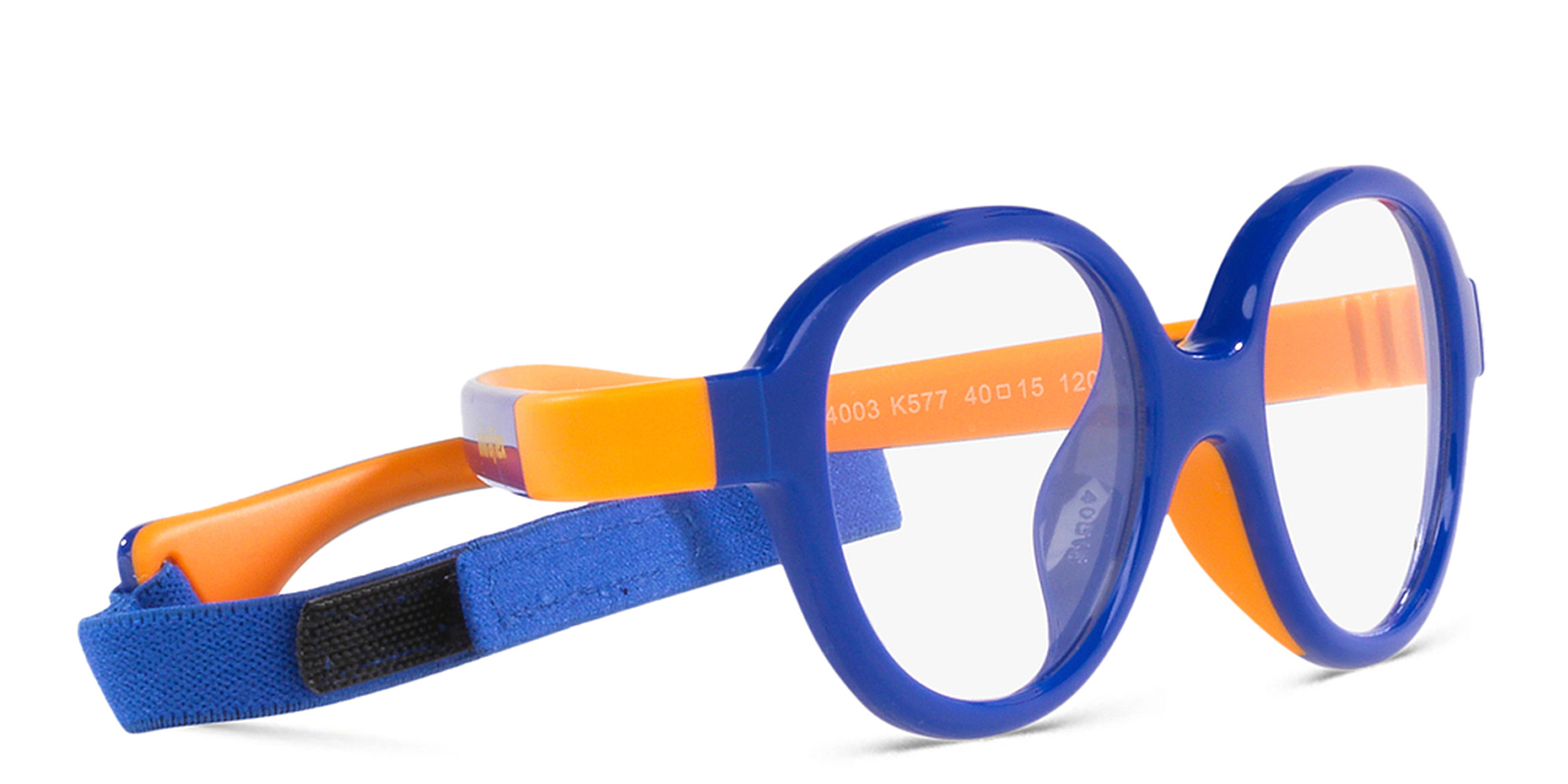 Mira Flex Logo Kids Round Eyeglasses in Blue & Orange – Product Photo 4