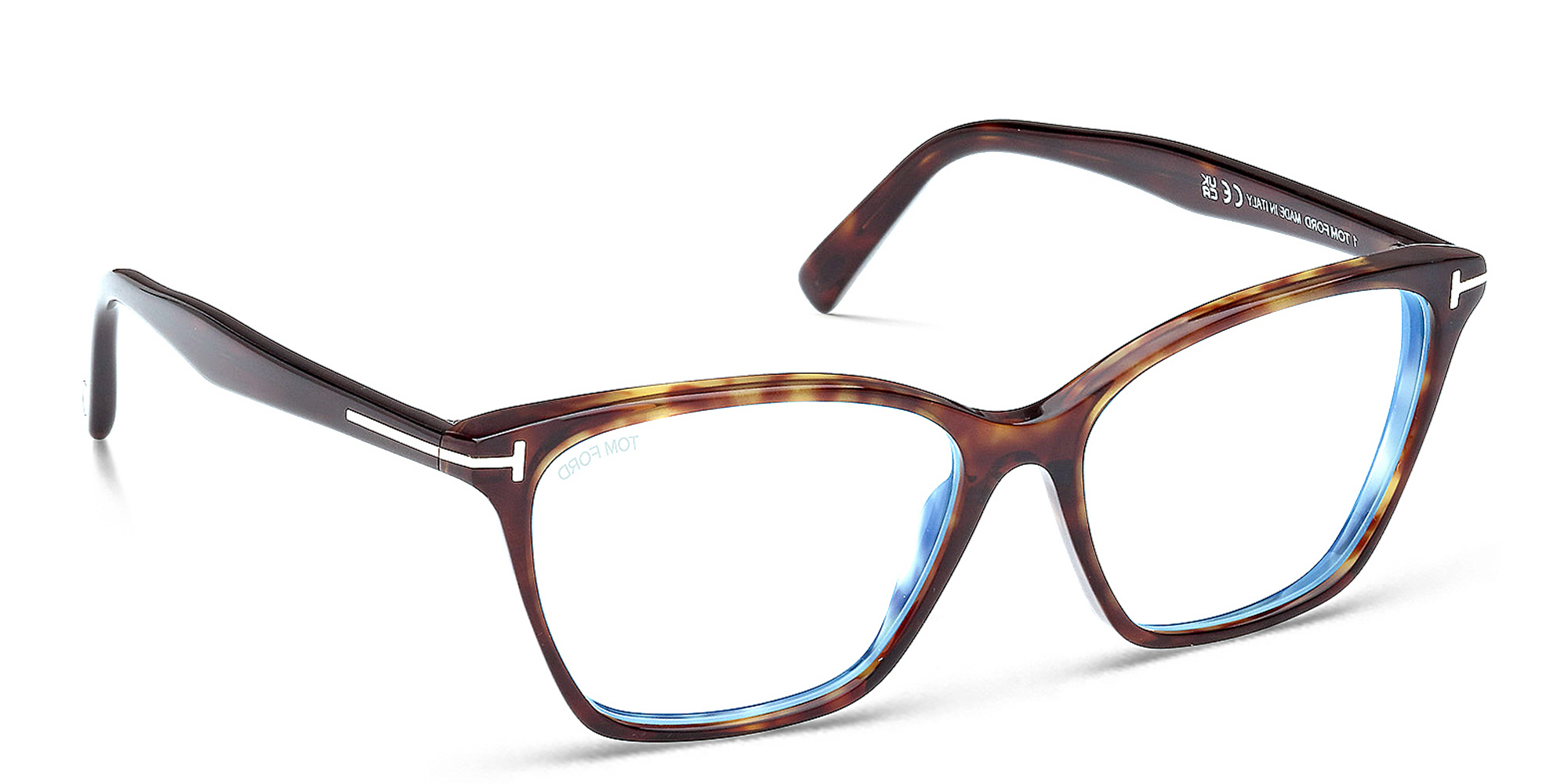 Shop TOM FORD Logo Wide Cat-Eye Eyeglasses in Dark Havana online.
