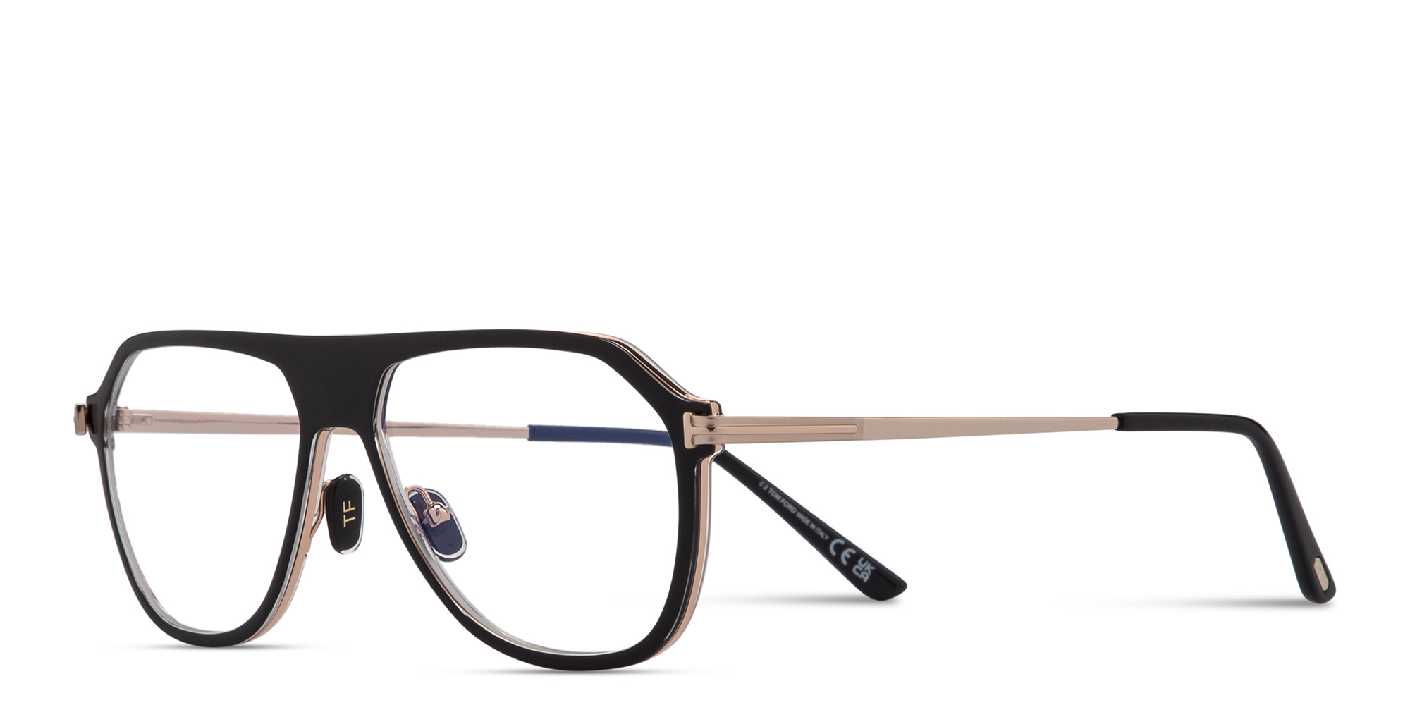 Shop TOM FORD Logo Wide Pilot Eyeglasses in Black online.