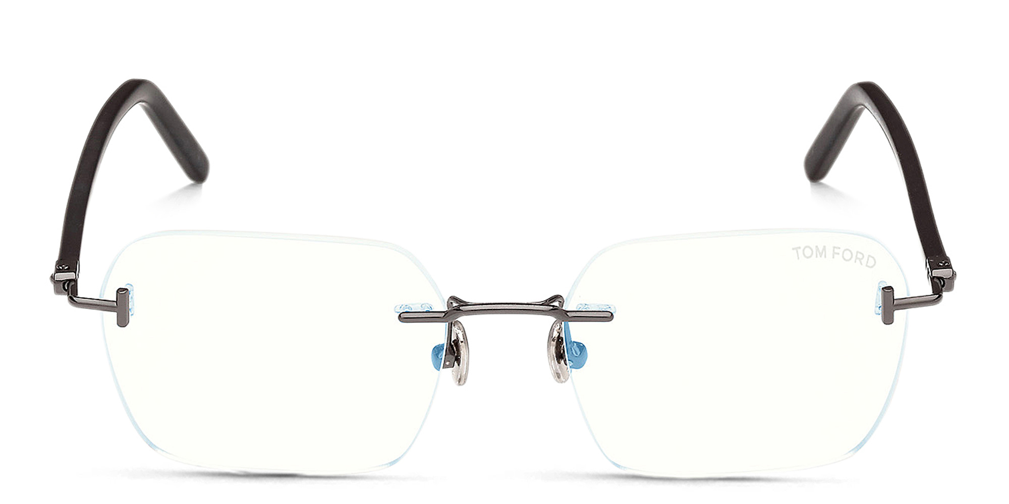 Shop TOM FORD Logo Rimless Rectangle Eyeglasses in Shiny Dark Ruthenium online.