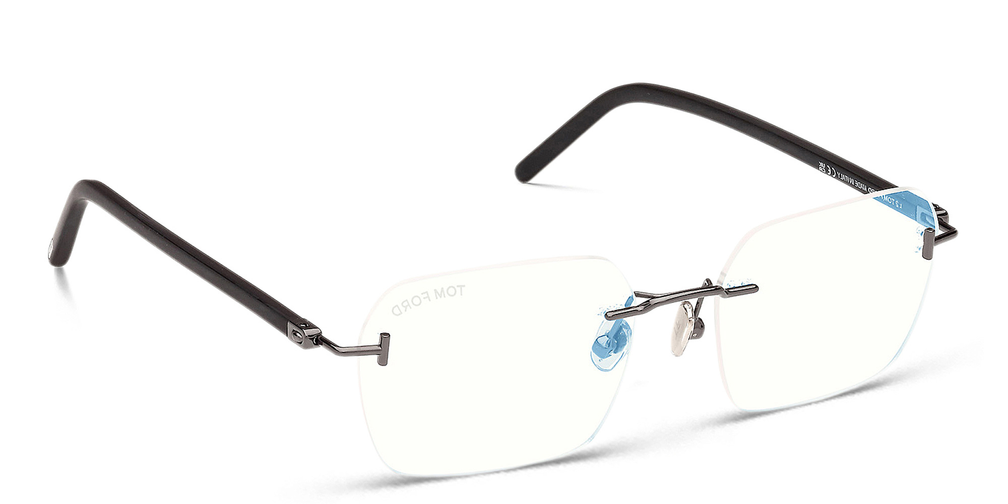 Shop TOM FORD Logo Rimless Rectangle Eyeglasses in Shiny Dark Ruthenium online.