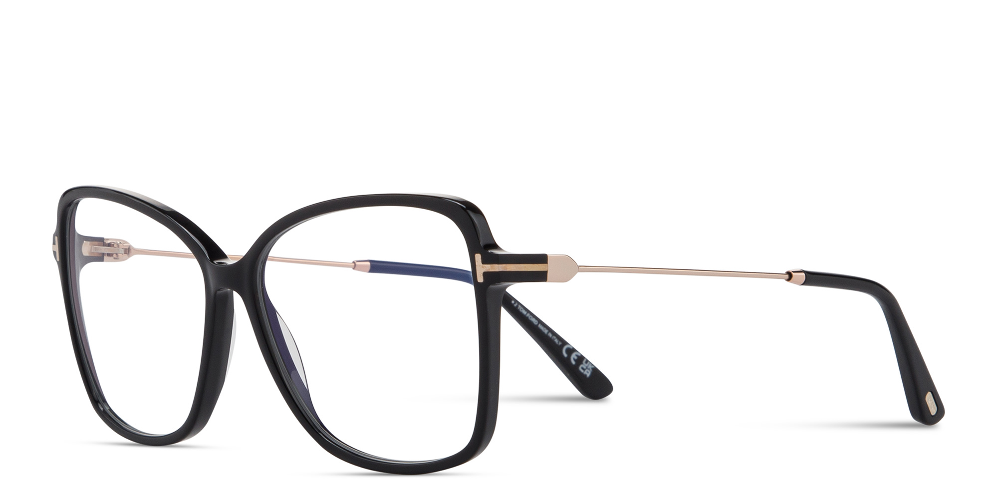 Shop TOM FORD Logo Wide Butterfly Eyeglasses in Shiny Black online.