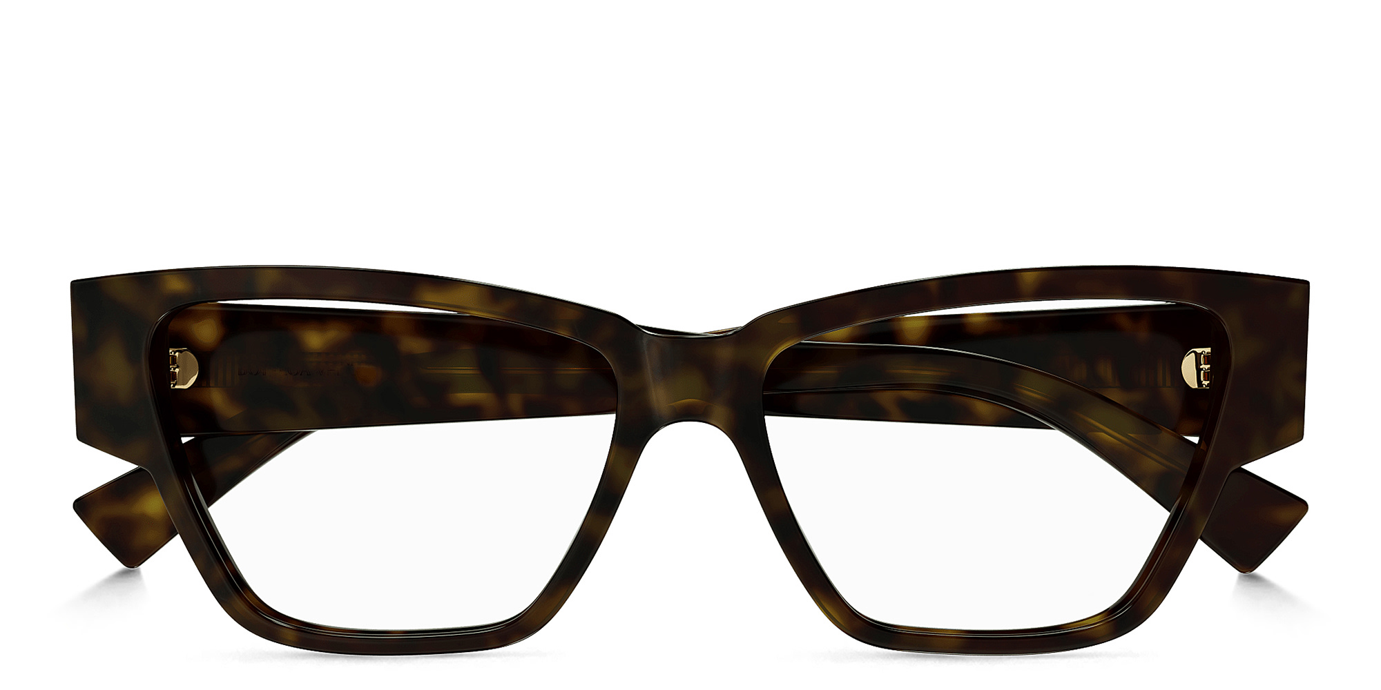 Shop BOTTEGA VENETA Bold Triangle Stud Wide Cat-Eye Eyeglasses in Havana online.