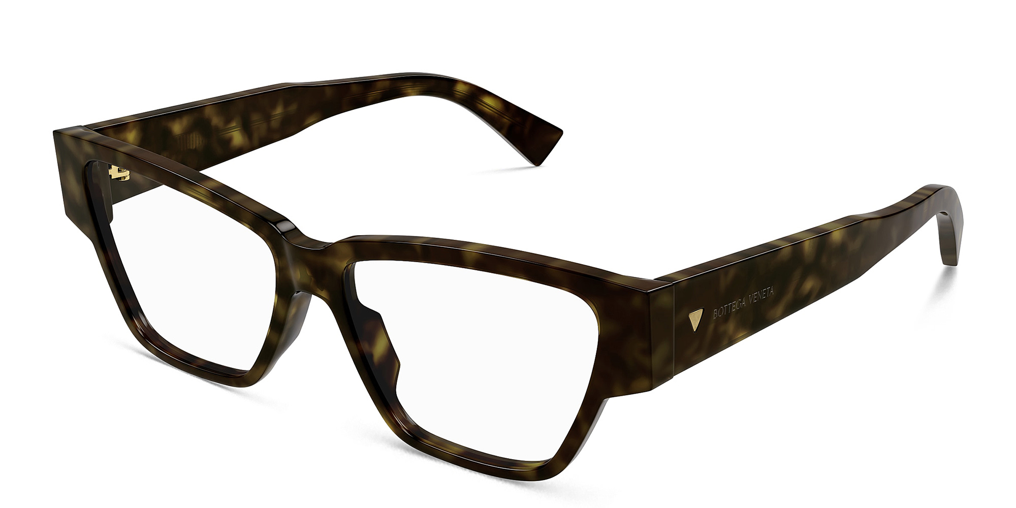 Shop BOTTEGA VENETA Bold Triangle Stud Wide Cat-Eye Eyeglasses in Havana online.