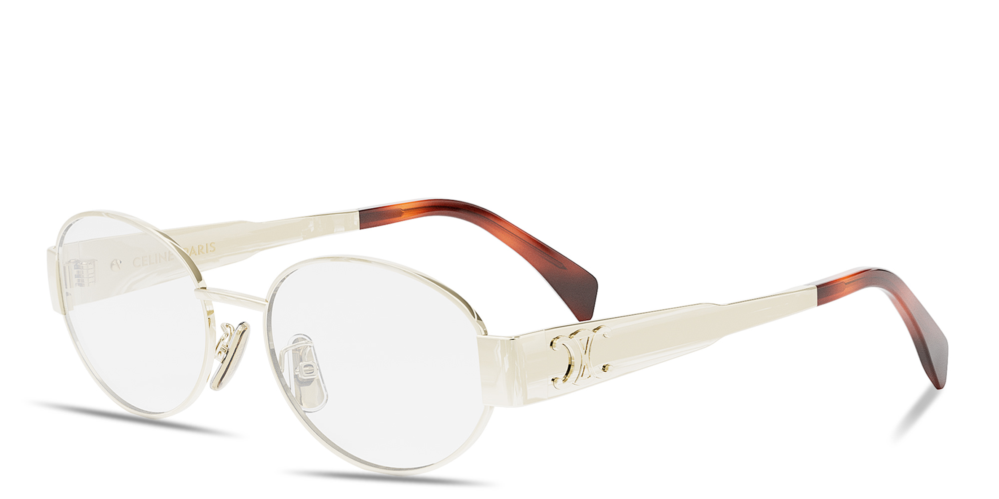 Shop CELINE Metal Triomphe Gold Oval Eyeglasses in Light Gold online.