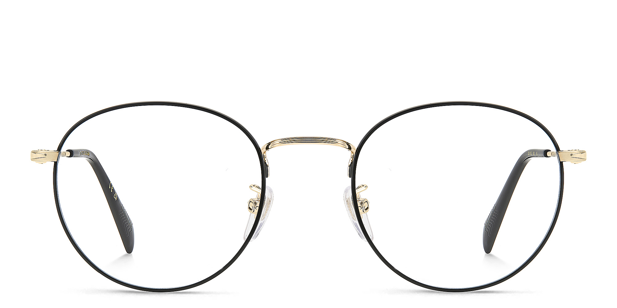 Shop DAVID BECKHAM Timeless Icons Panthos Eyeglasses in Black Gold online.