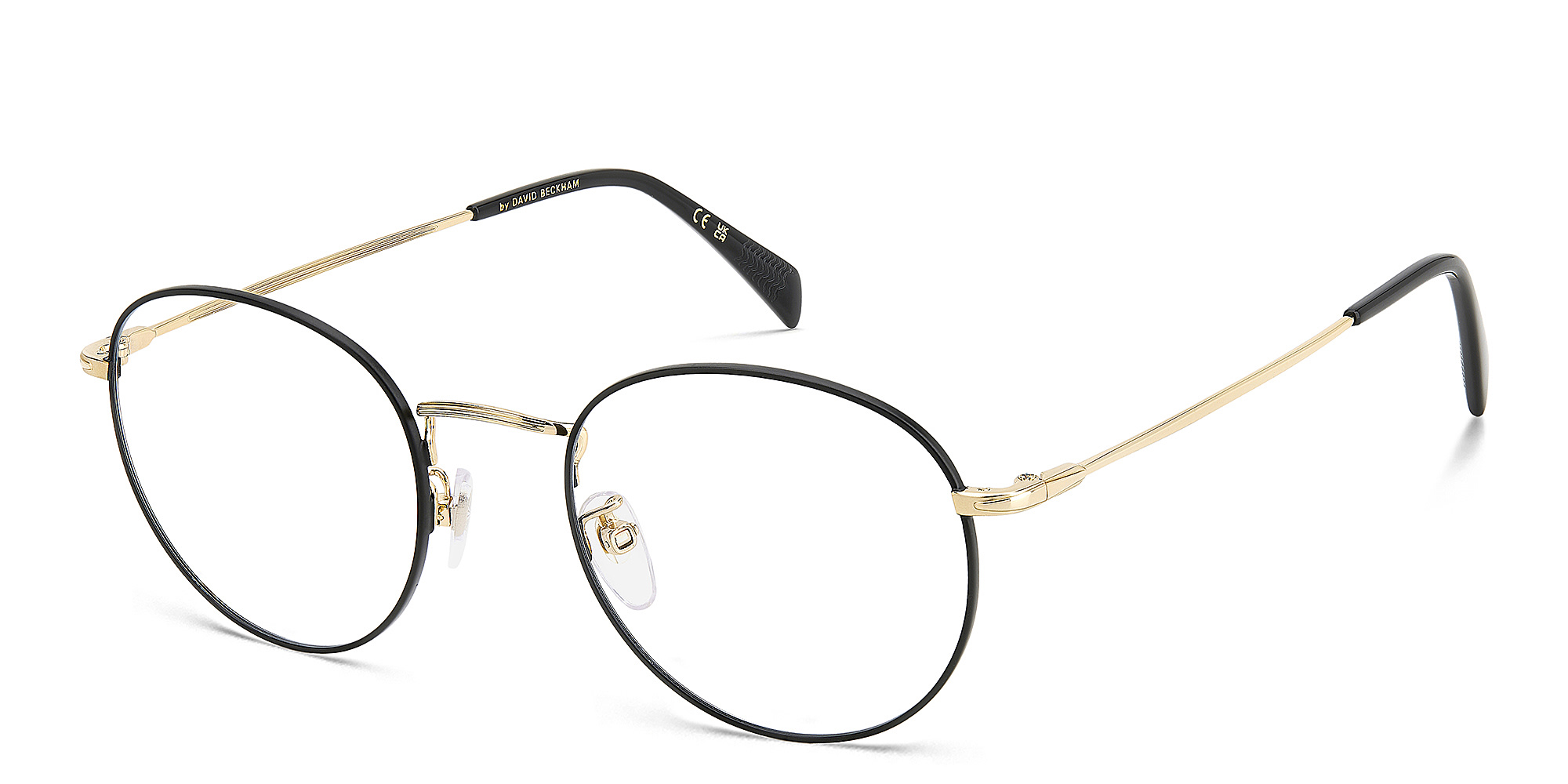 Shop DAVID BECKHAM Timeless Icons Panthos Eyeglasses in Black Gold online.
