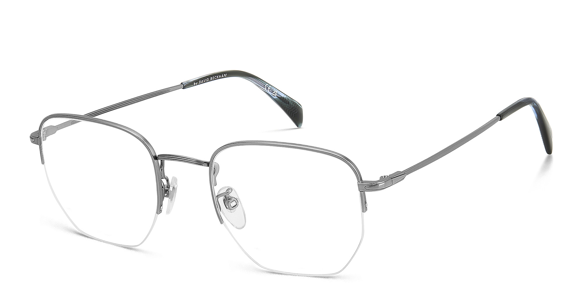 Shop DAVID BECKHAM Timeless Icons Half-Rim Irregular Eyeglasses in Matte Dark Ruthenium online.