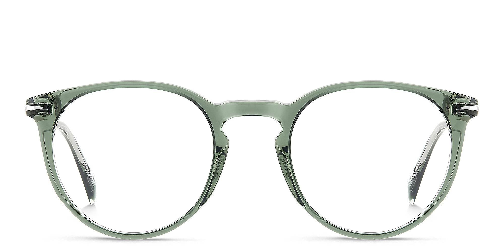 Shop DAVID BECKHAM Timeless Icons Panthos Eyeglasses in Green Crystal online.