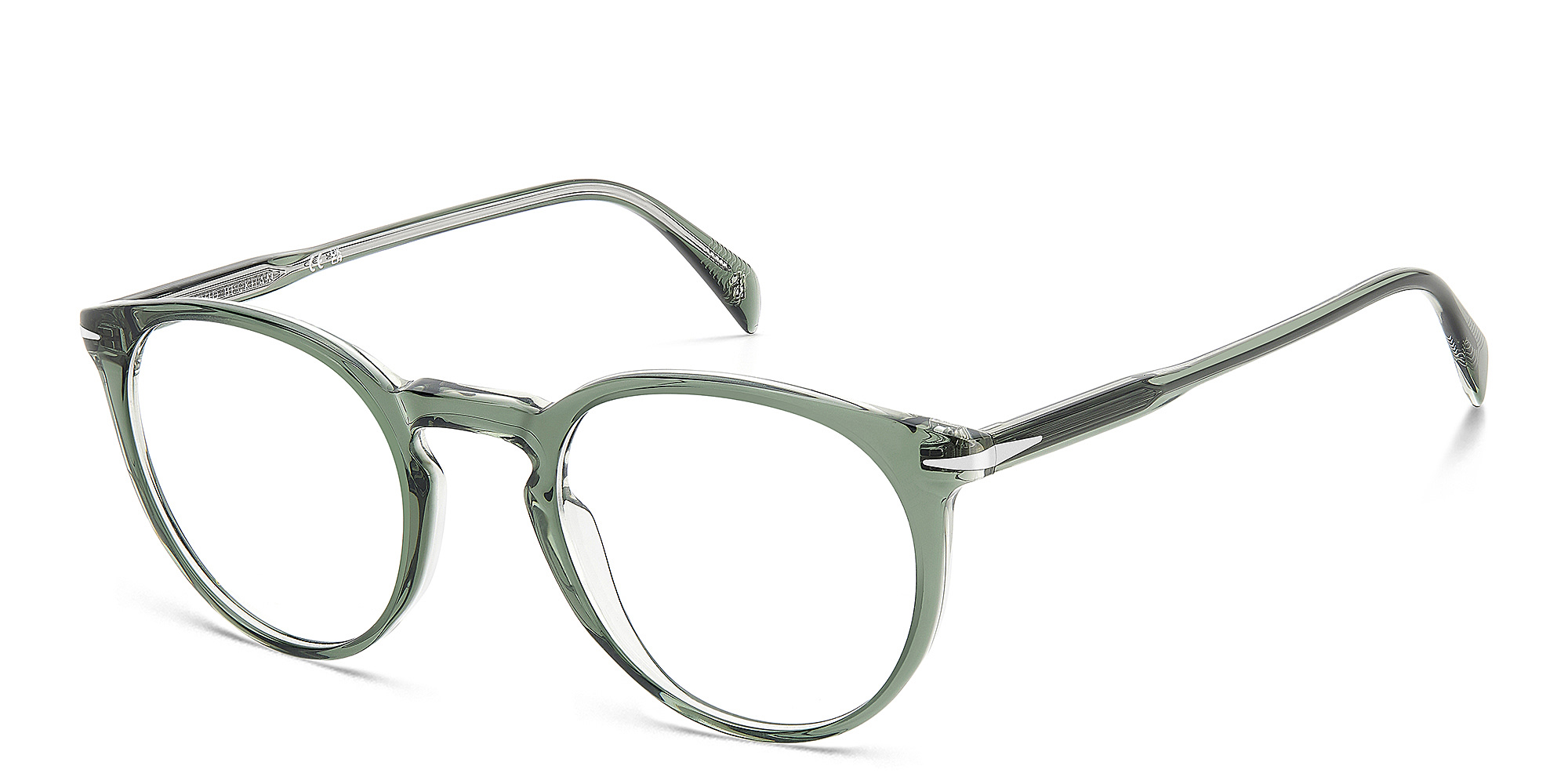 Shop DAVID BECKHAM Timeless Icons Panthos Eyeglasses in Green Crystal online.