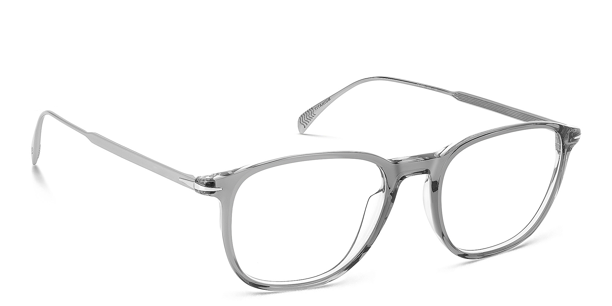 Shop DAVID BECKHAM Timeless Icons Square Eyeglasses in Grey Ruthenium online.