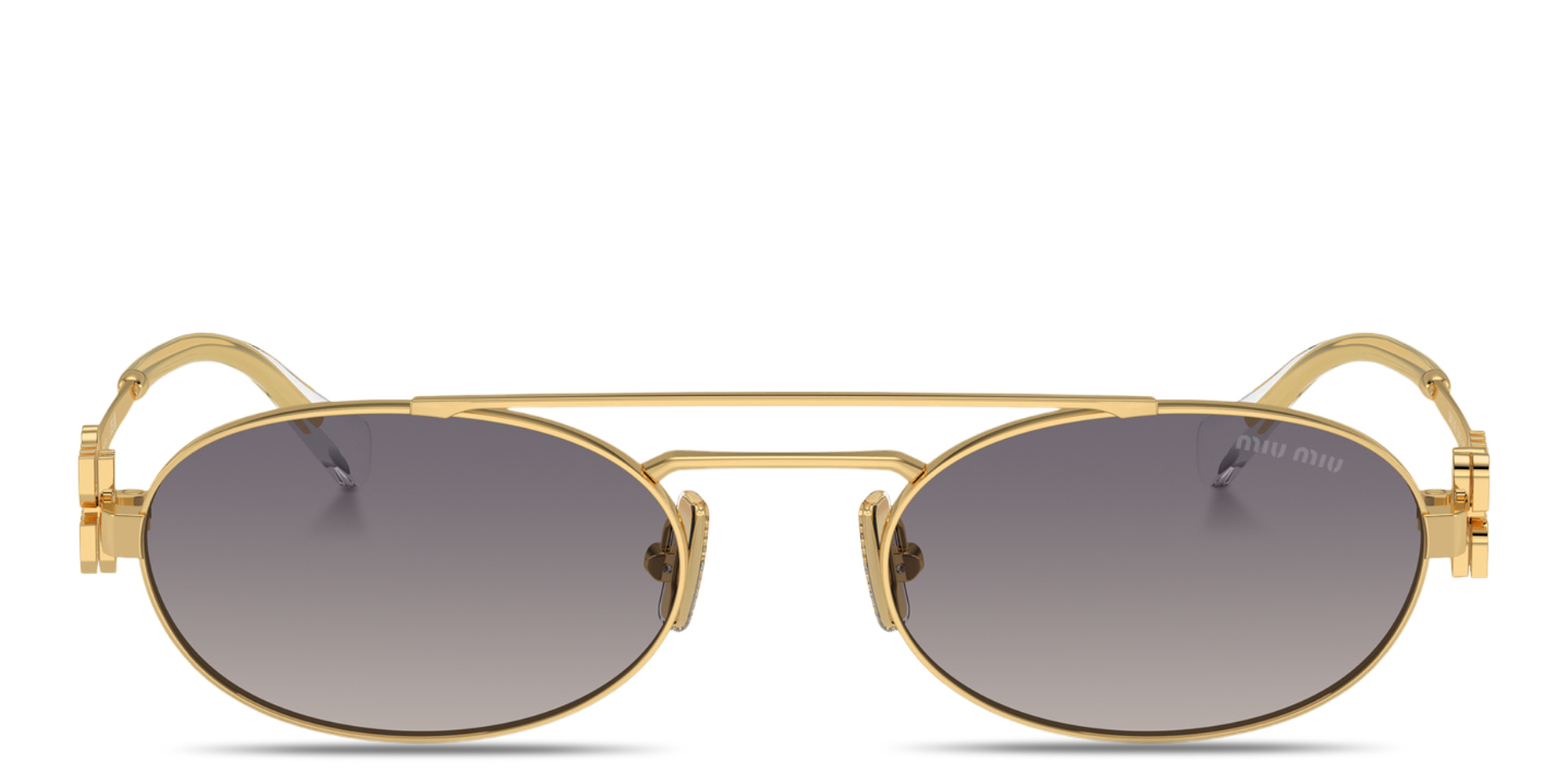 Shop MIU MIU Vertical Logo Oval Sunglasses in Gold online.