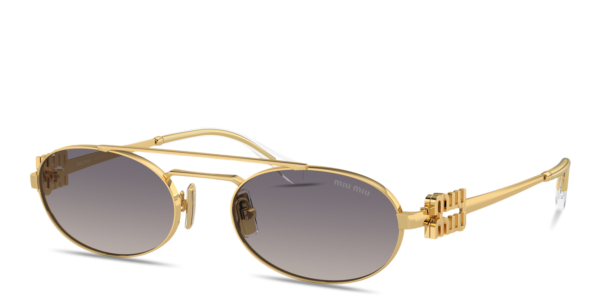 Shop MIU MIU Vertical Logo Oval Sunglasses in Gold online.