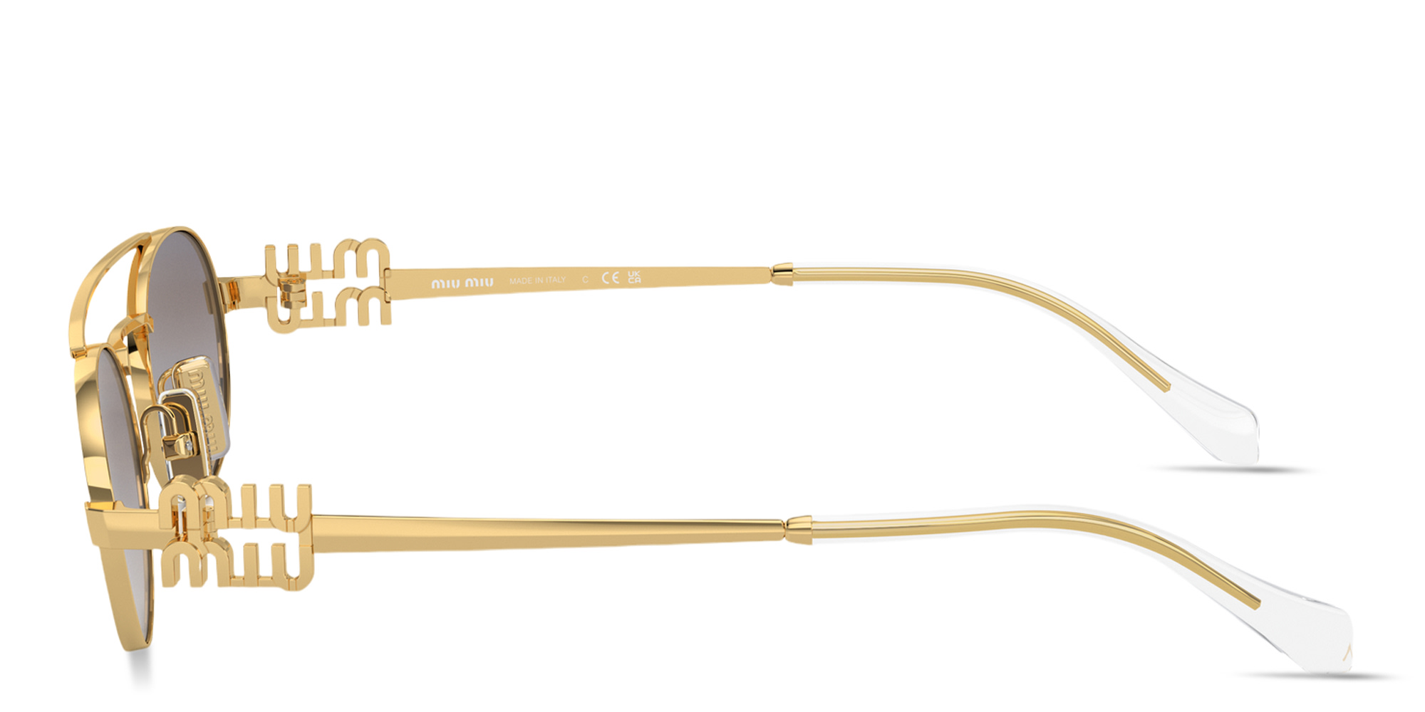 Shop MIU MIU Vertical Logo Oval Sunglasses in Gold online.