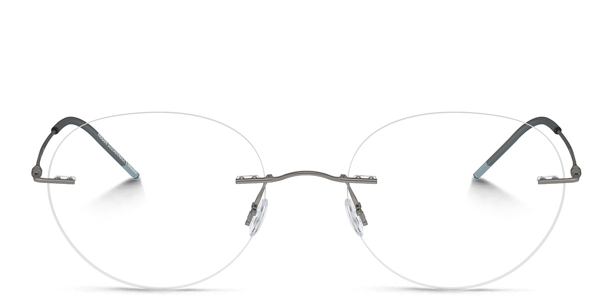 Shop GIORGIO ARMANI Logo Rimless Panthos Eyeglasses in Matte Gunmetal online.