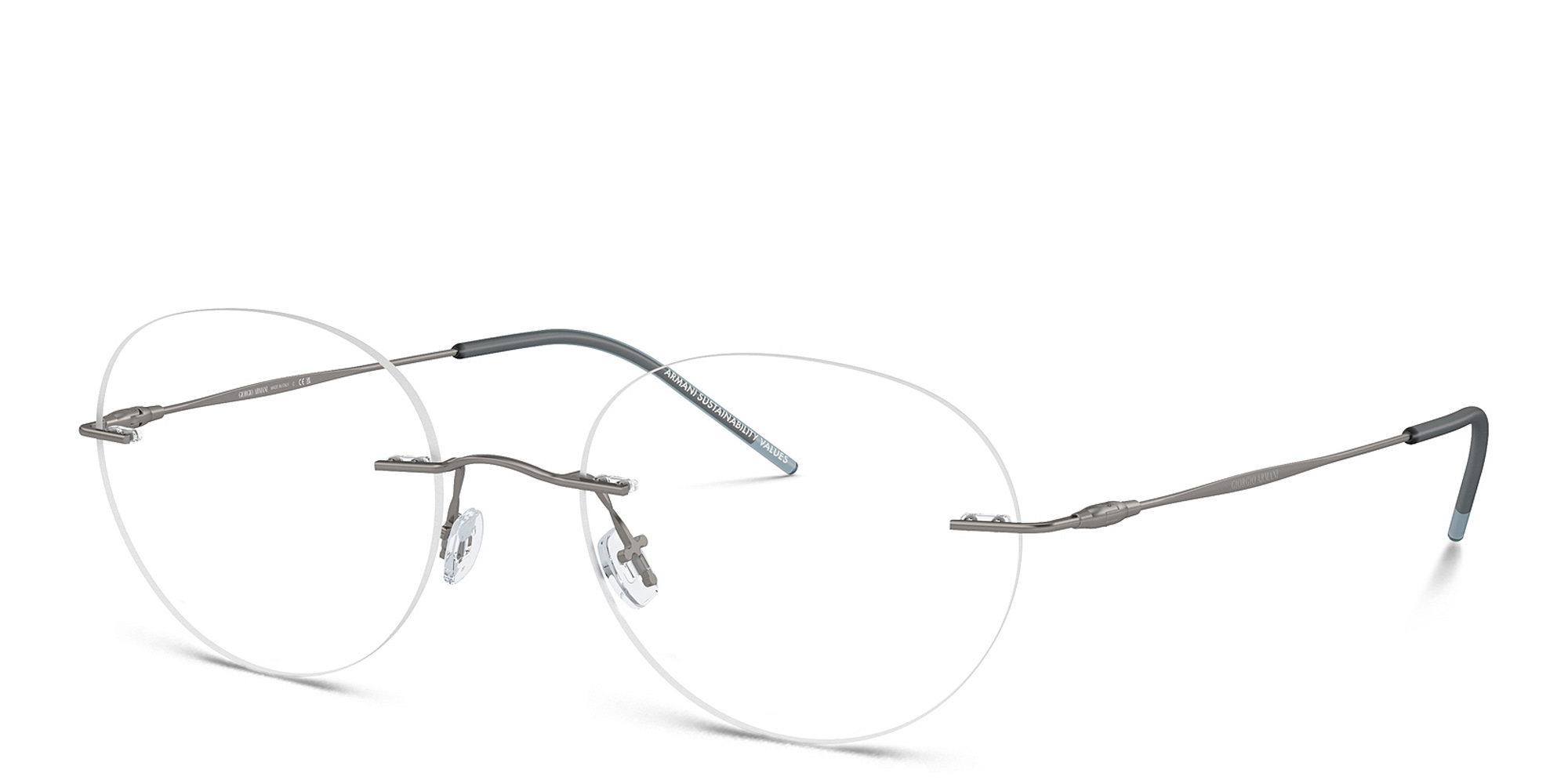 Shop GIORGIO ARMANI Logo Rimless Panthos Eyeglasses in Matte Gunmetal online.