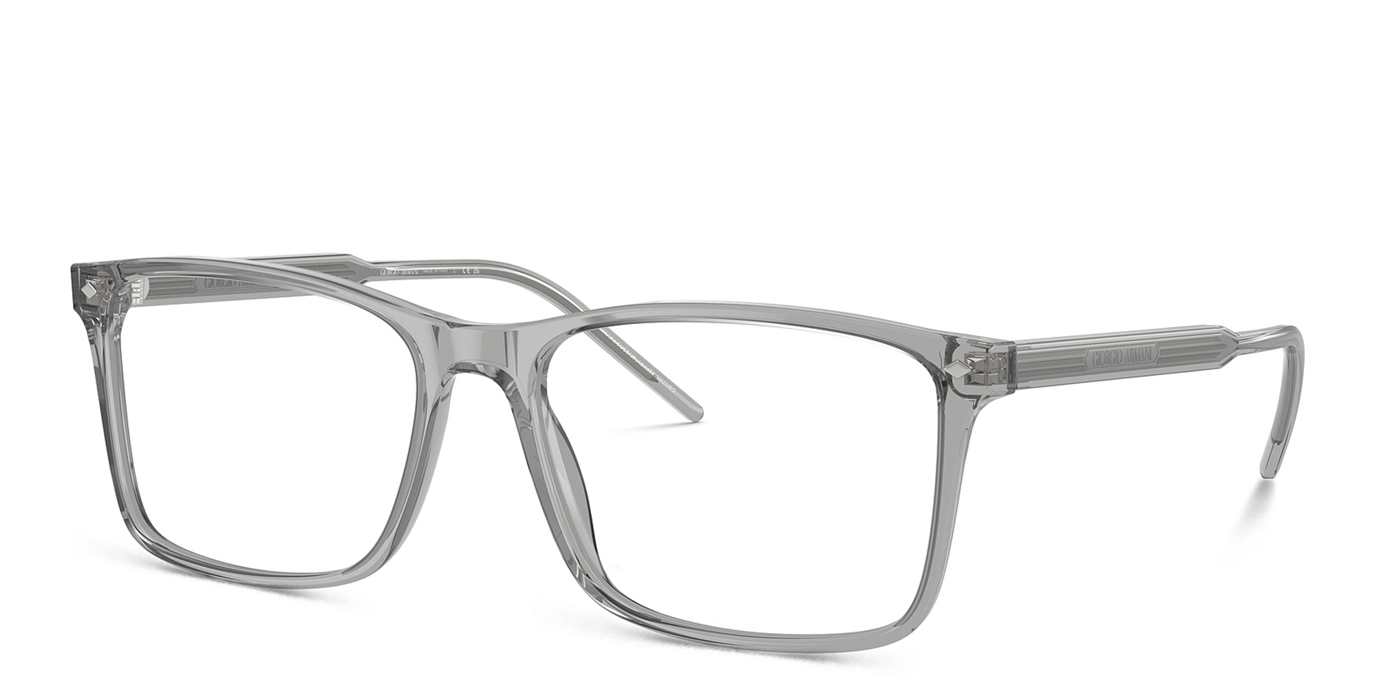 Shop GIORGIO ARMANI Logo Wide Rectangle Eyeglasses in Transparent Grey online.
