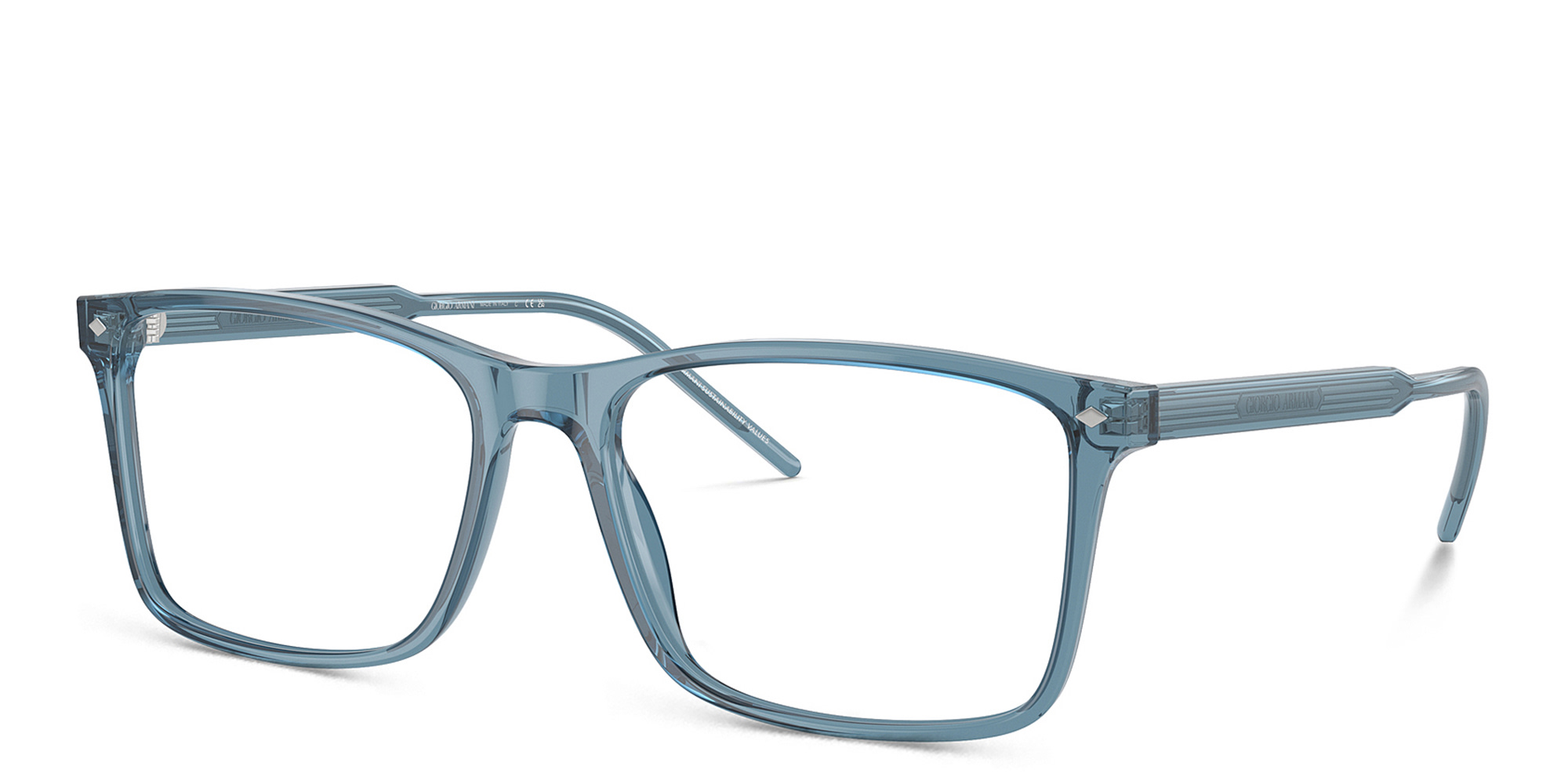 Shop GIORGIO ARMANI Logo Wide Rectangle Eyeglasses in Transparent Blue online.