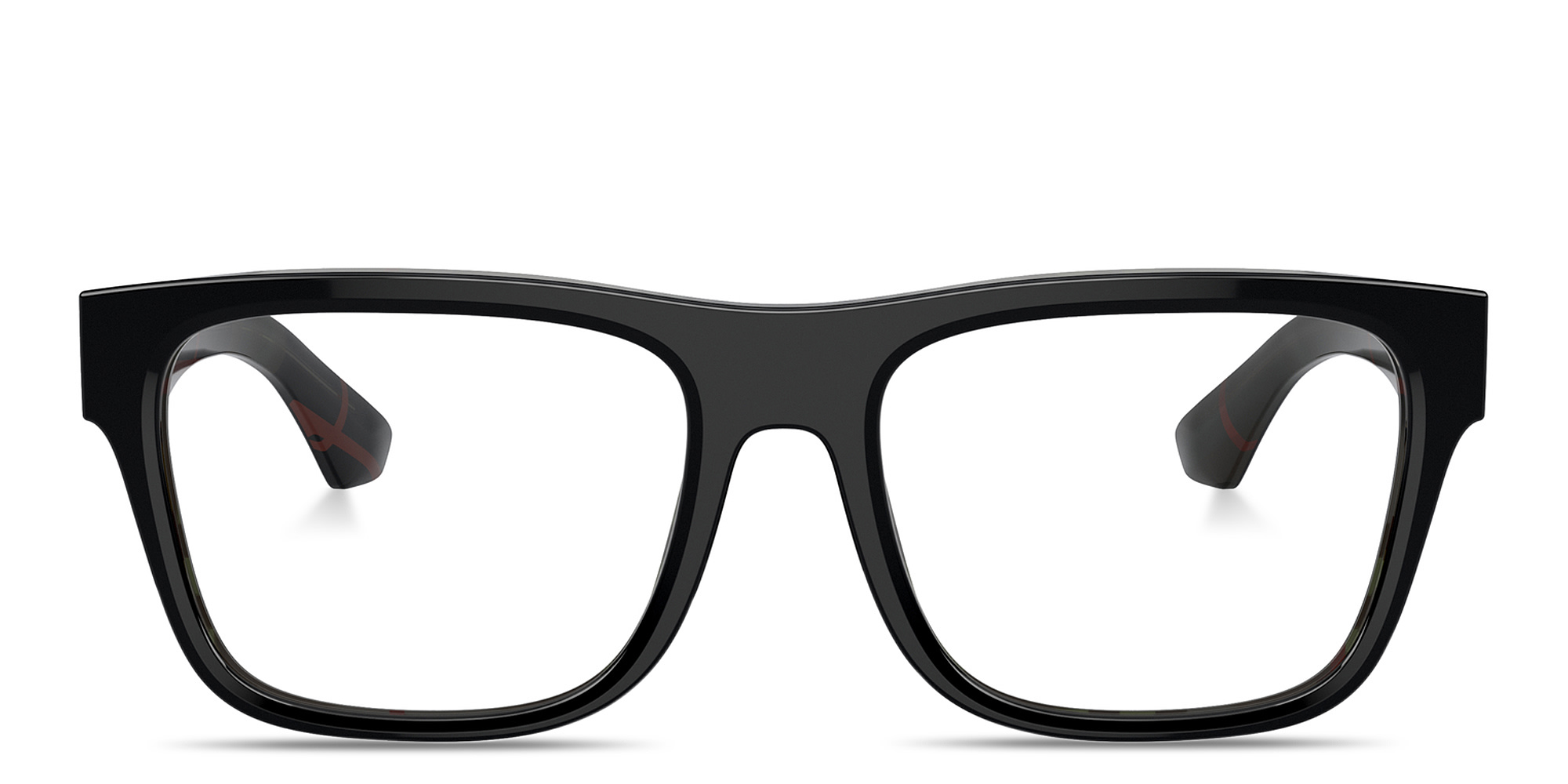 Shop BURBERRY Icon Check Square Eyeglasses in Top Black On Vintage Check online.