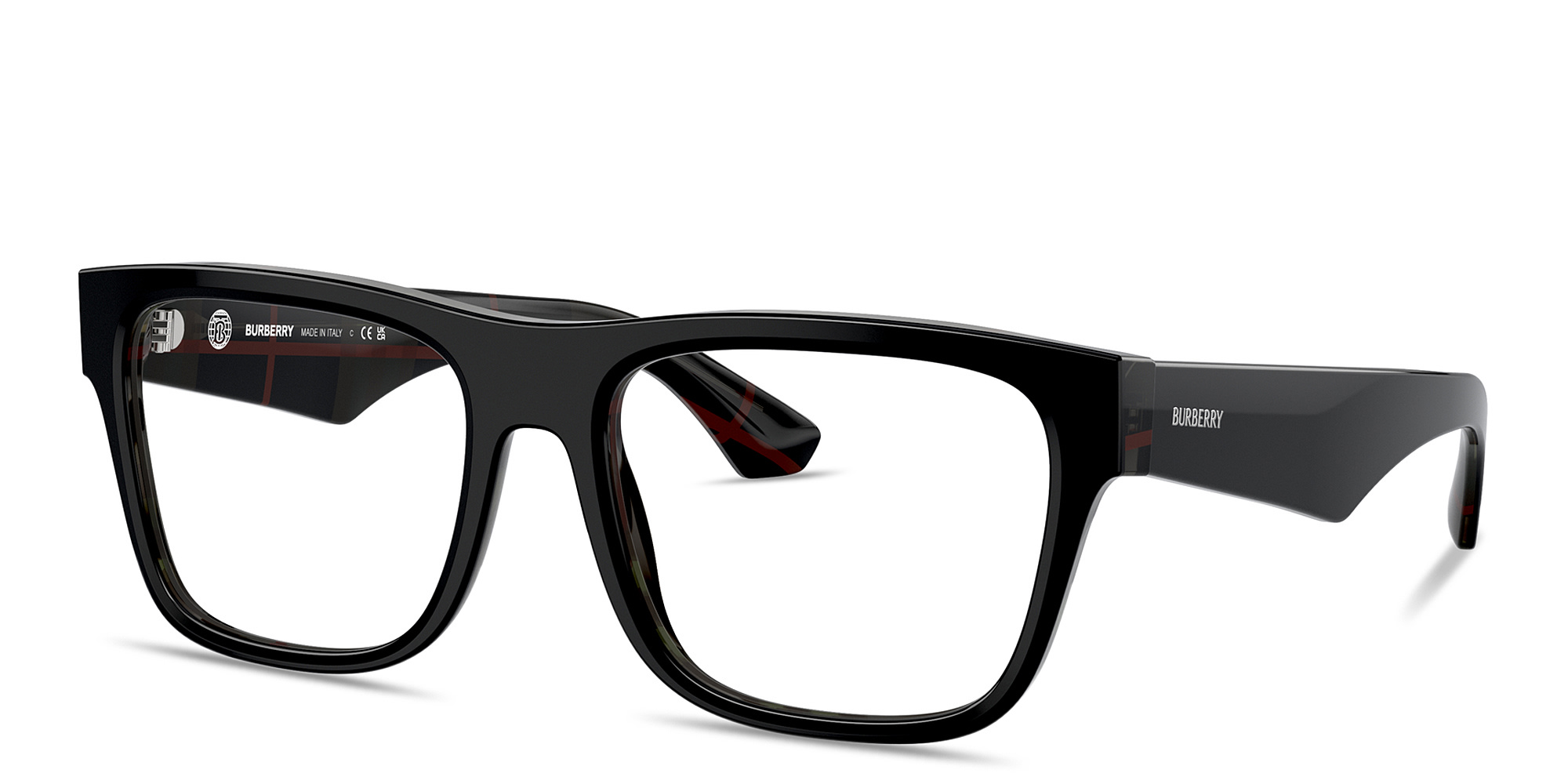 Shop BURBERRY Icon Check Square Eyeglasses in Top Black On Vintage Check online.
