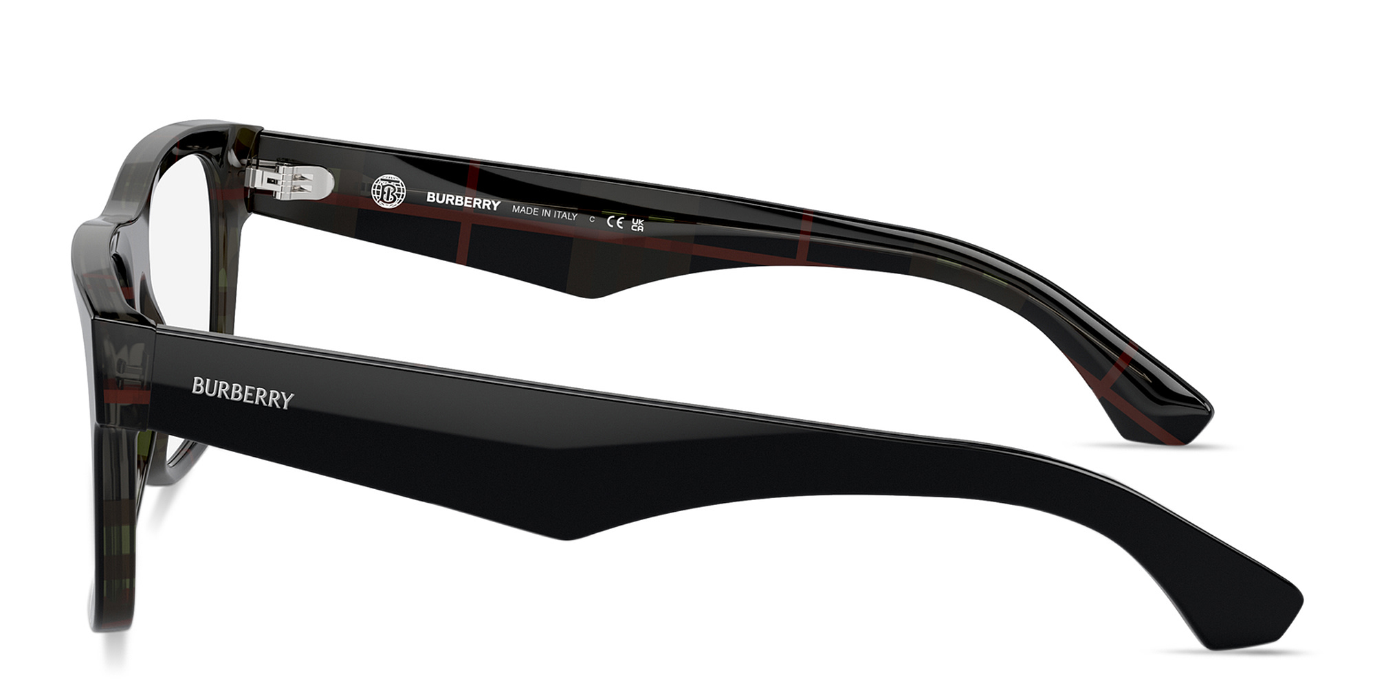 Shop BURBERRY Icon Check Square Eyeglasses in Top Black On Vintage Check online.