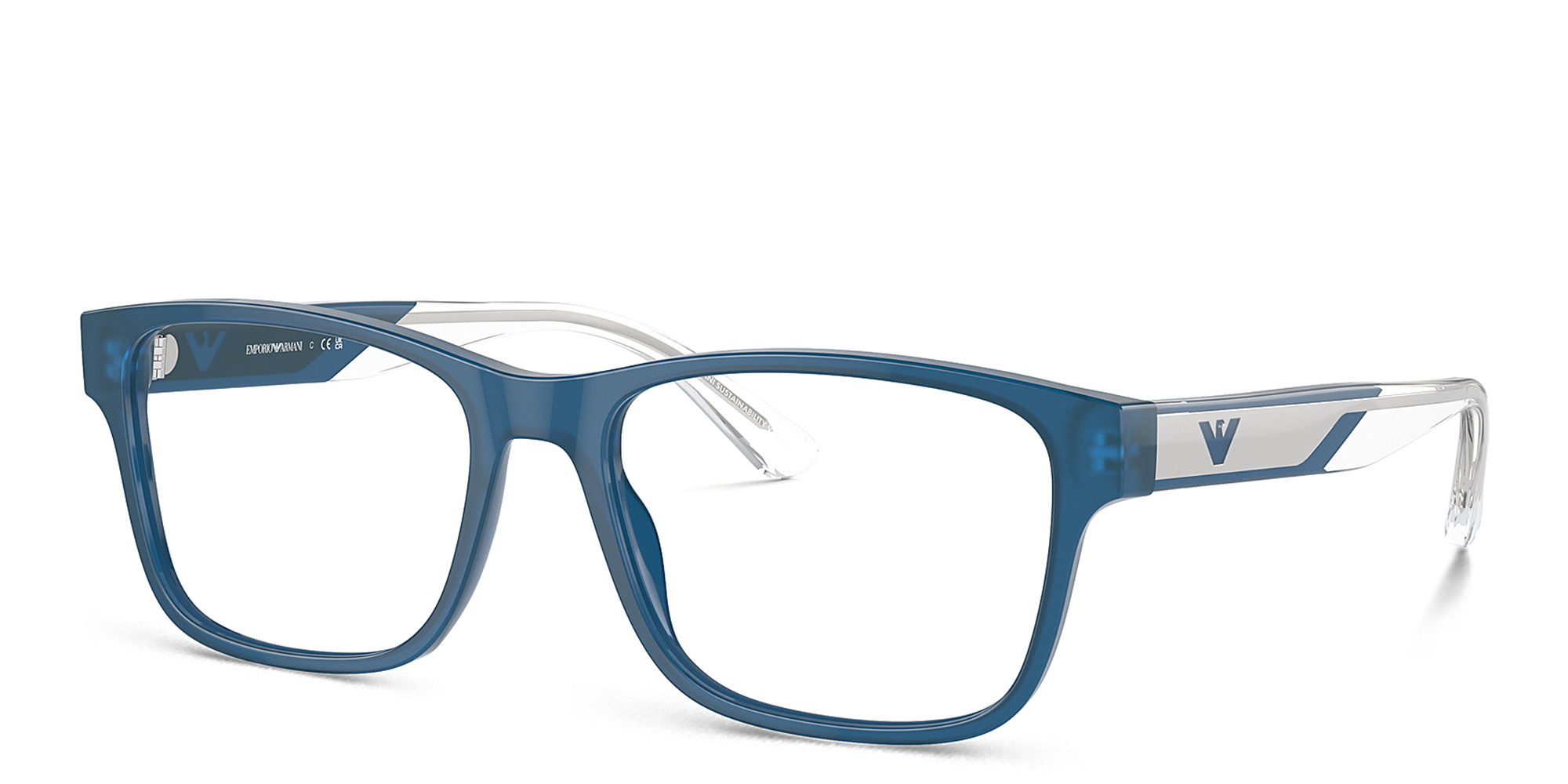 Emporio Armani Logo Wide Rectangle Eyeglasses in Shiny Opaline Blue – Product Photo 2