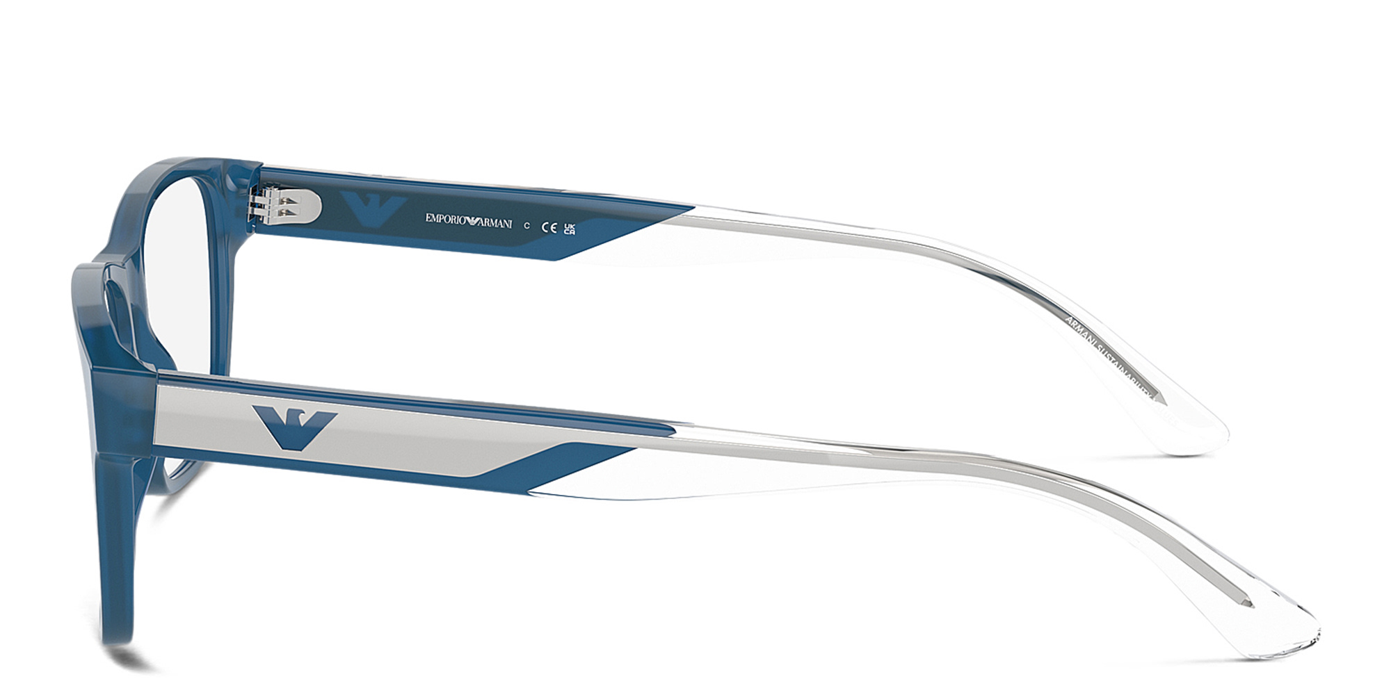 Emporio Armani Logo Wide Rectangle Eyeglasses in Shiny Opaline Blue – Product Photo 3