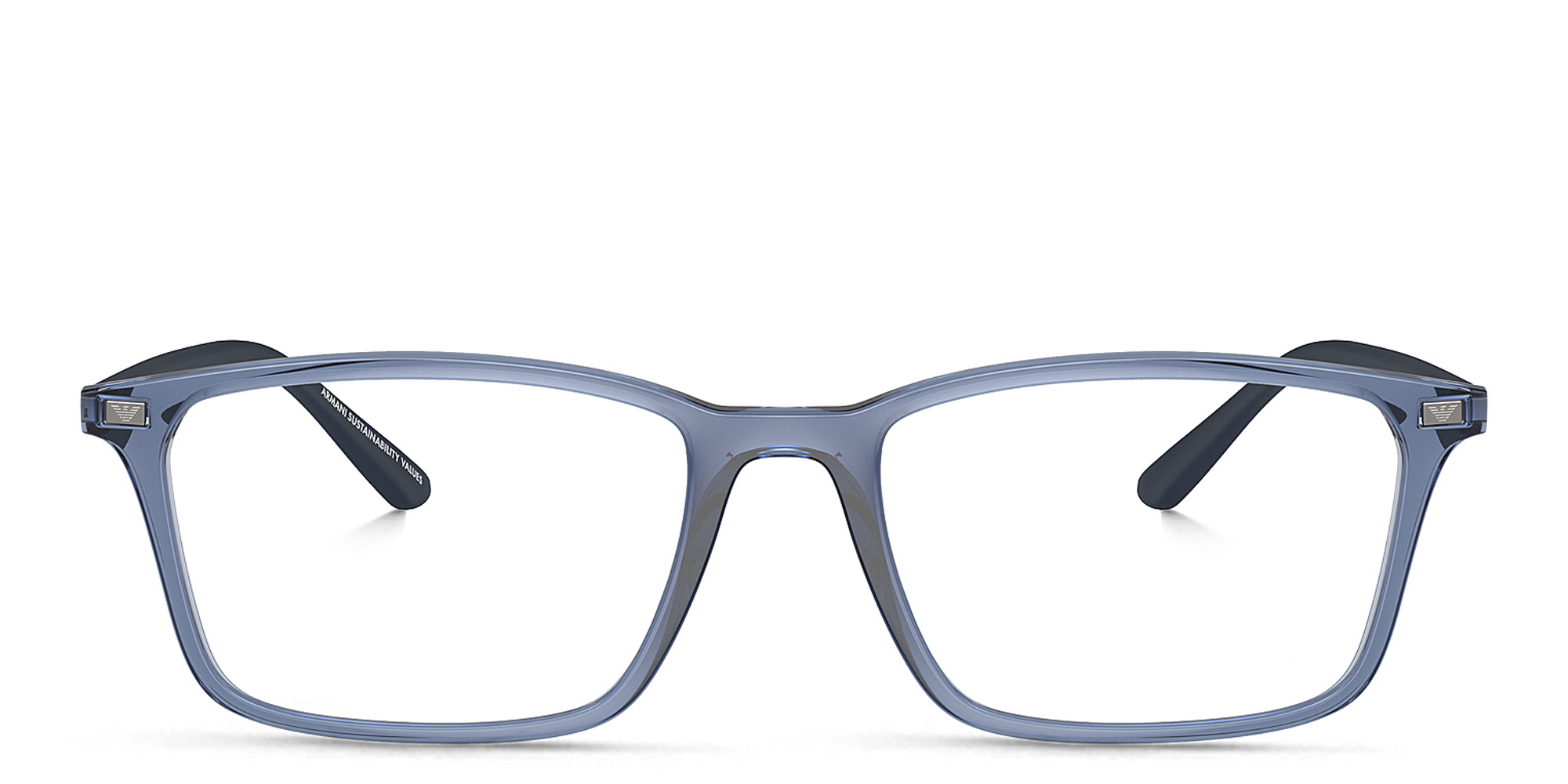 Emporio Armani Logo Wide Rectangle Eyeglasses in Shiny Transparent Blue – Product Photo 1