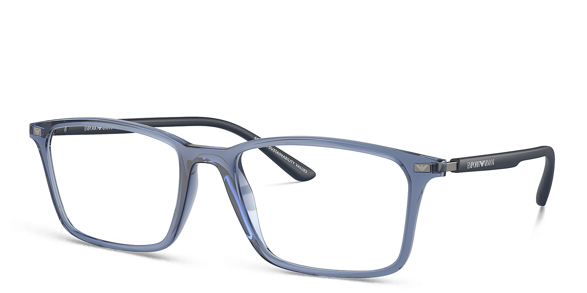 Emporio Armani Logo Wide Rectangle Eyeglasses in Shiny Transparent Blue – Product Photo 2
