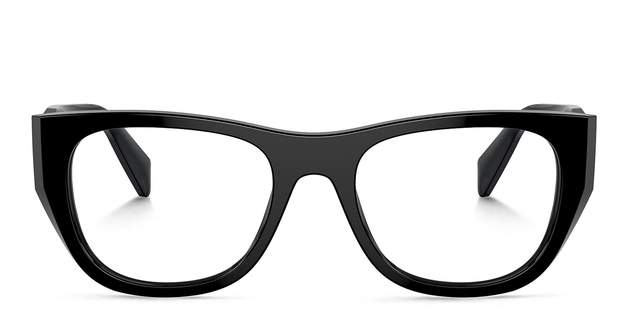 Shop PRADA Logo Irregular Eyeglasses in Black online.