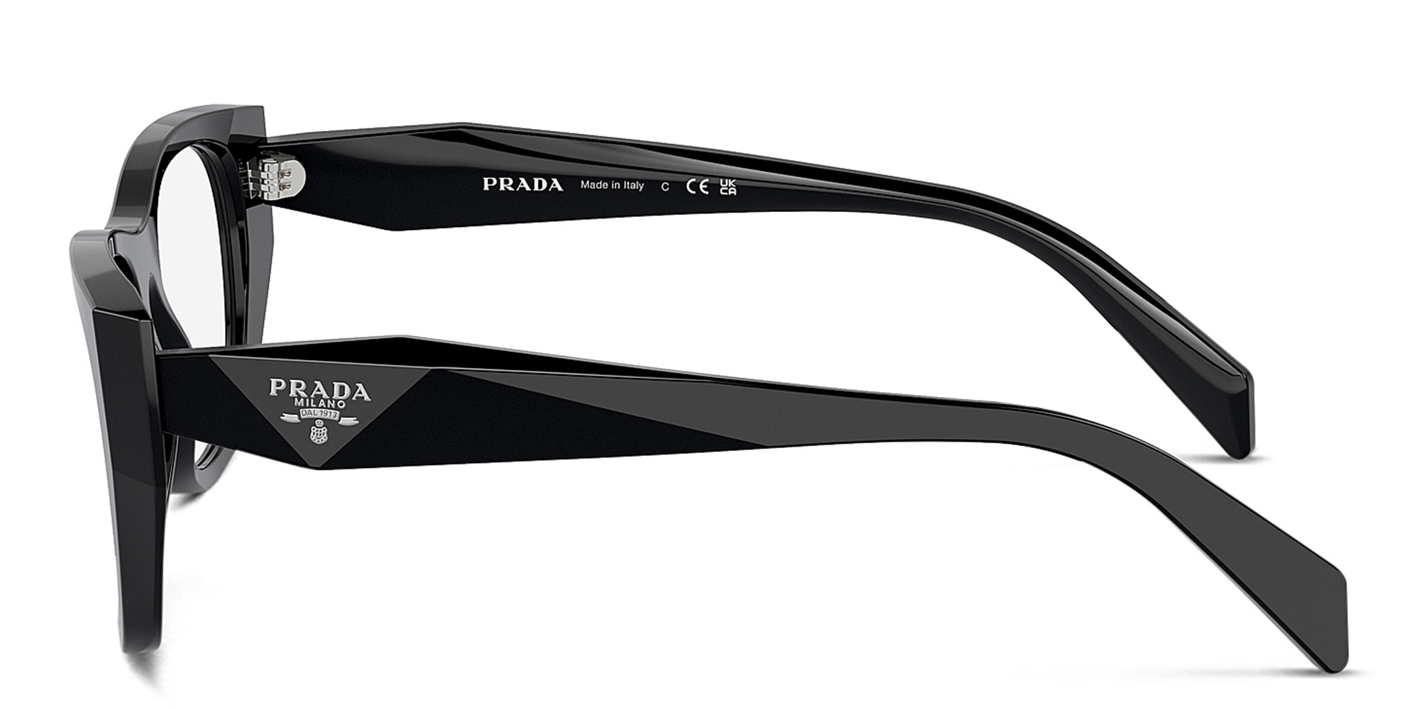 Shop PRADA Logo Irregular Eyeglasses in Black online.
