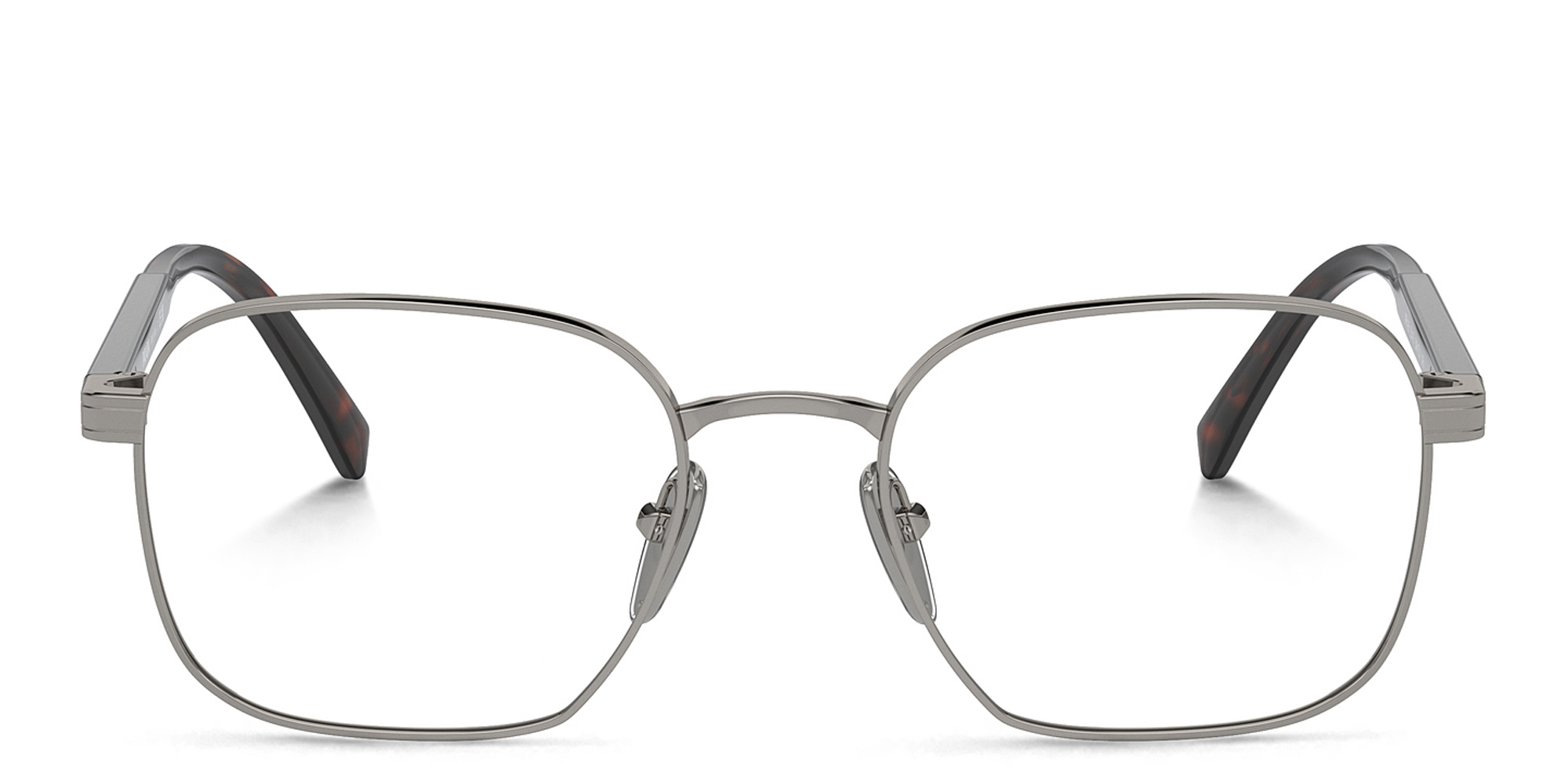 Shop PRADA Logo Rectangle Eyeglasses in Gunmetal online.