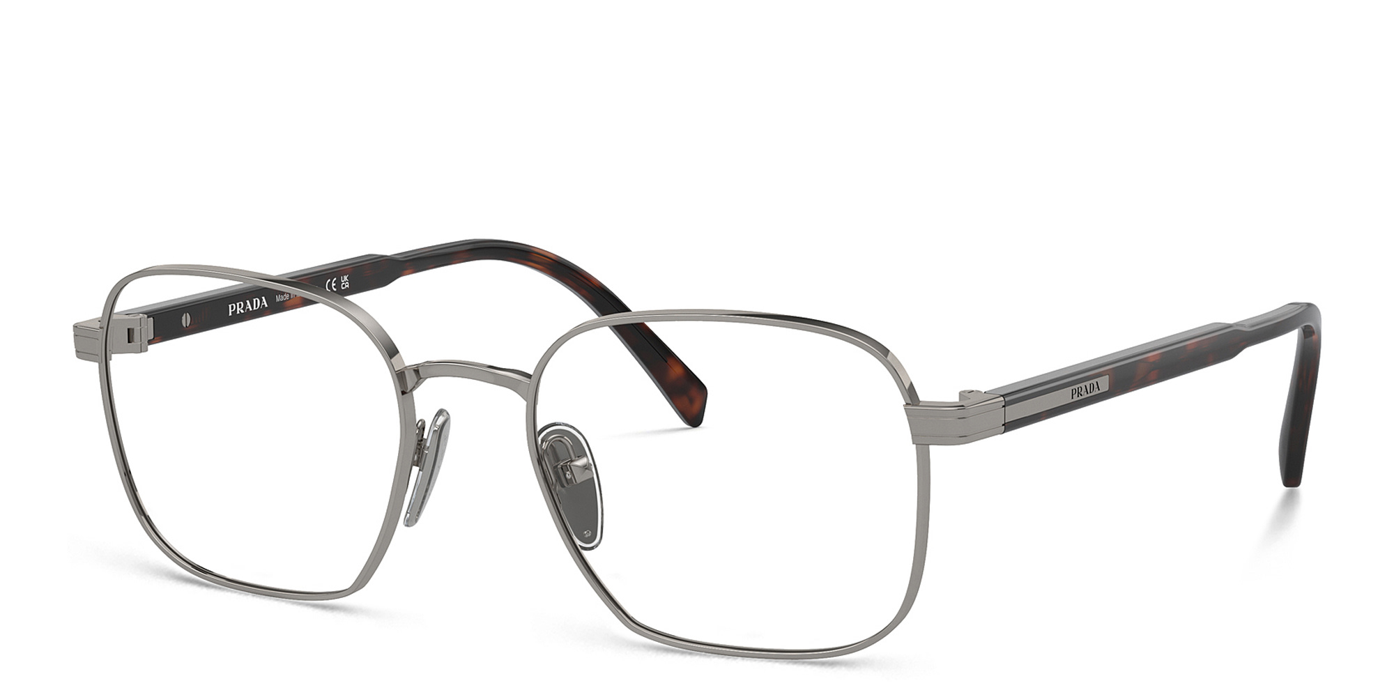 Shop PRADA Logo Rectangle Eyeglasses in Gunmetal online.