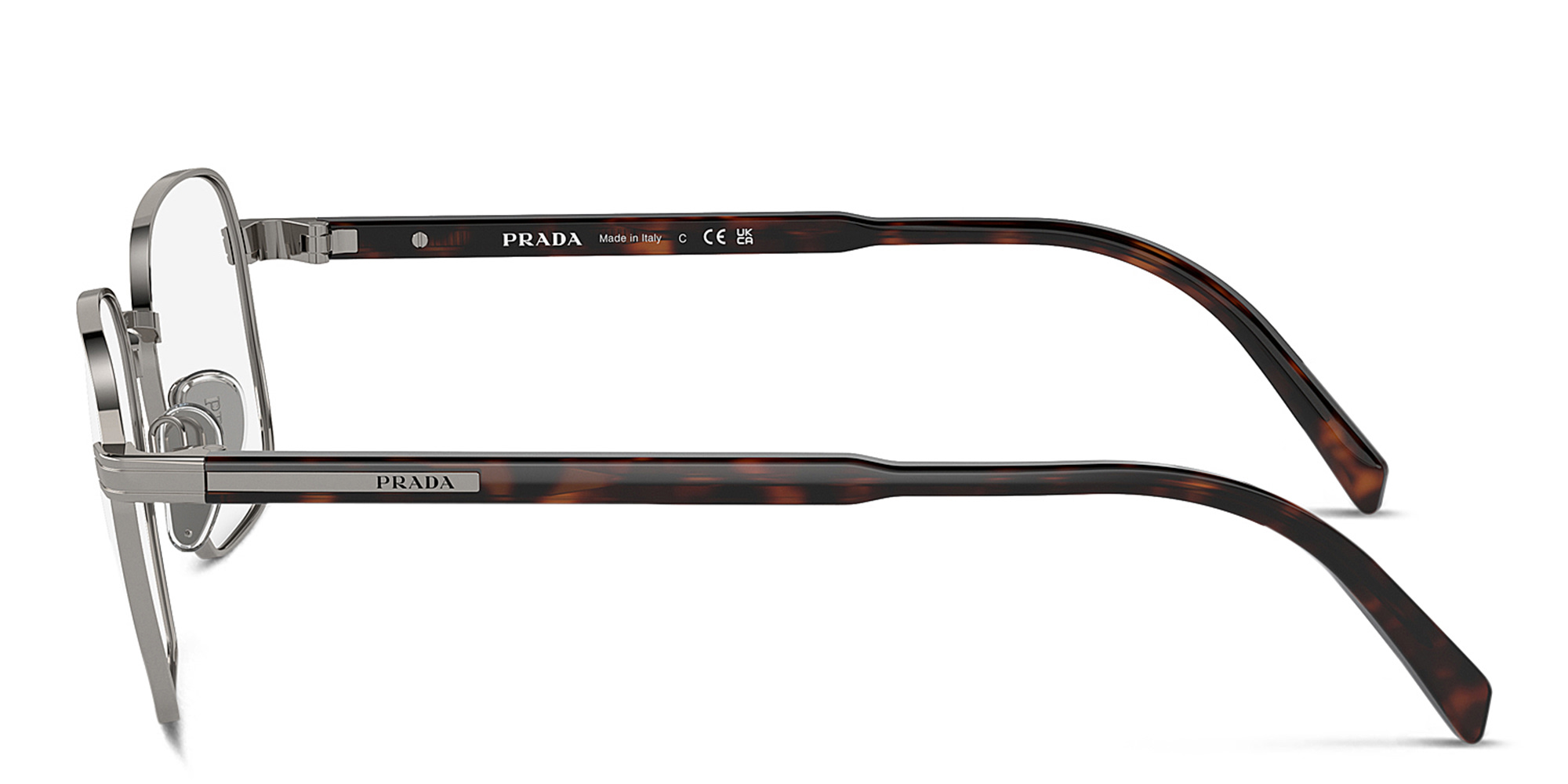 Shop PRADA Logo Rectangle Eyeglasses in Gunmetal online.