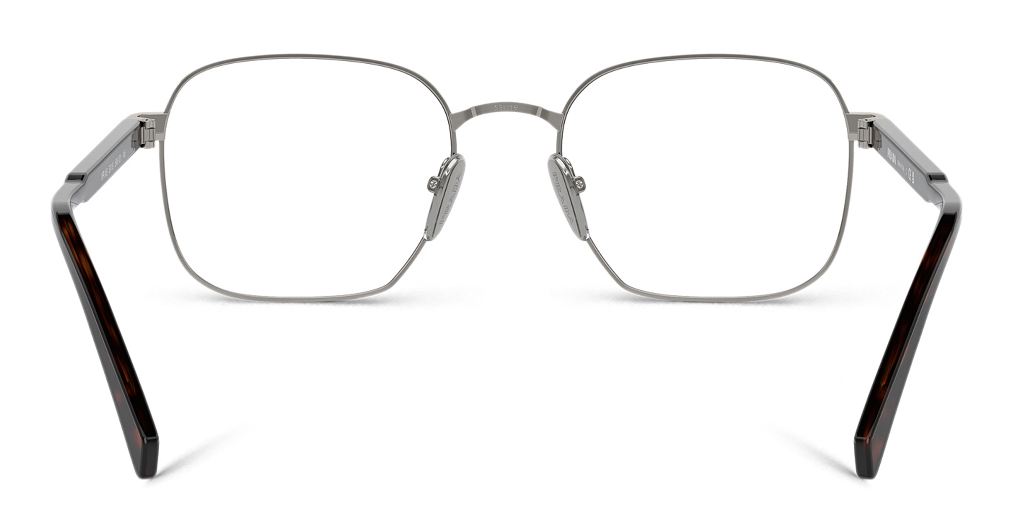 Shop PRADA Logo Rectangle Eyeglasses in Gunmetal online.